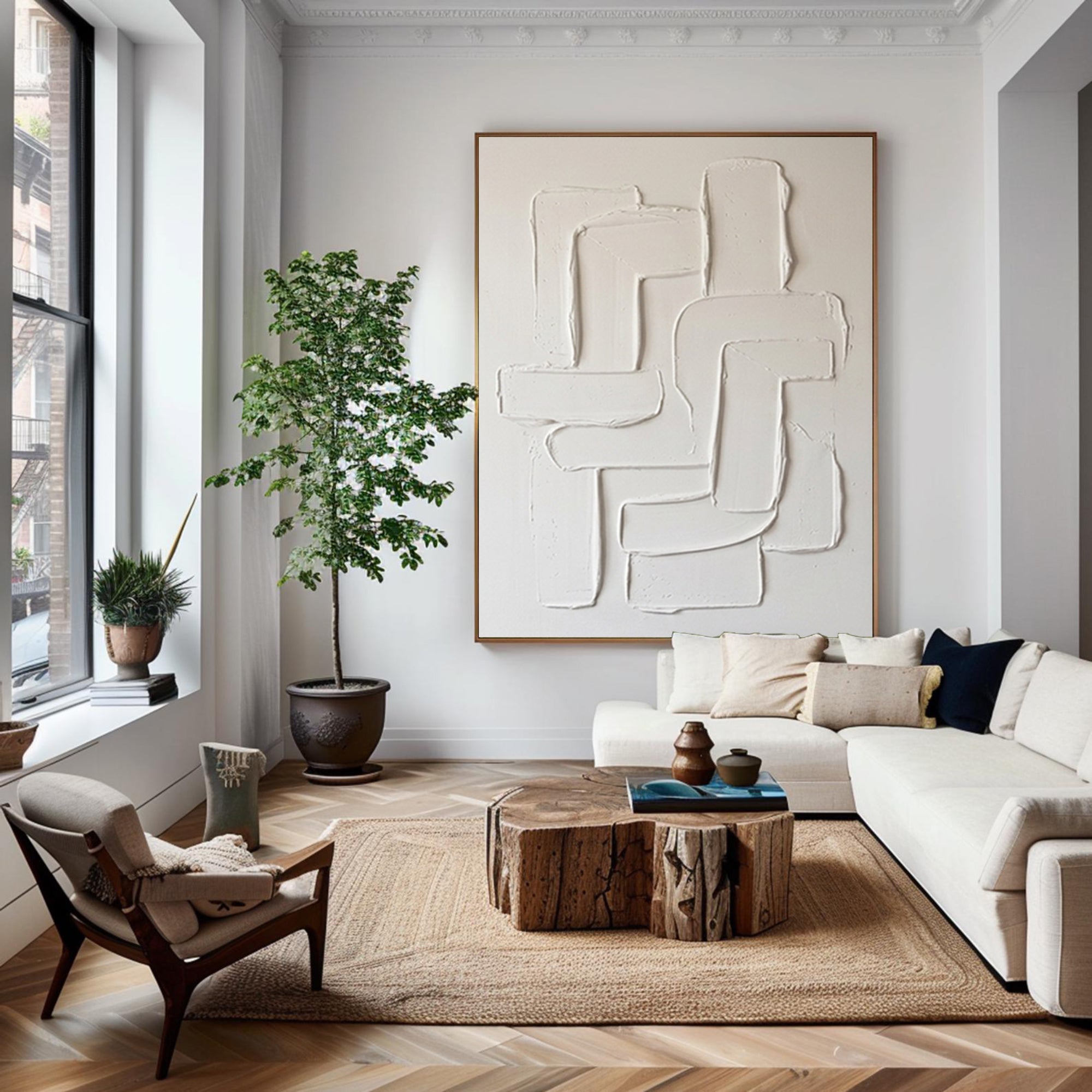Large Neutral Textured Canvas Art Contemporary Geometric Wall Decor