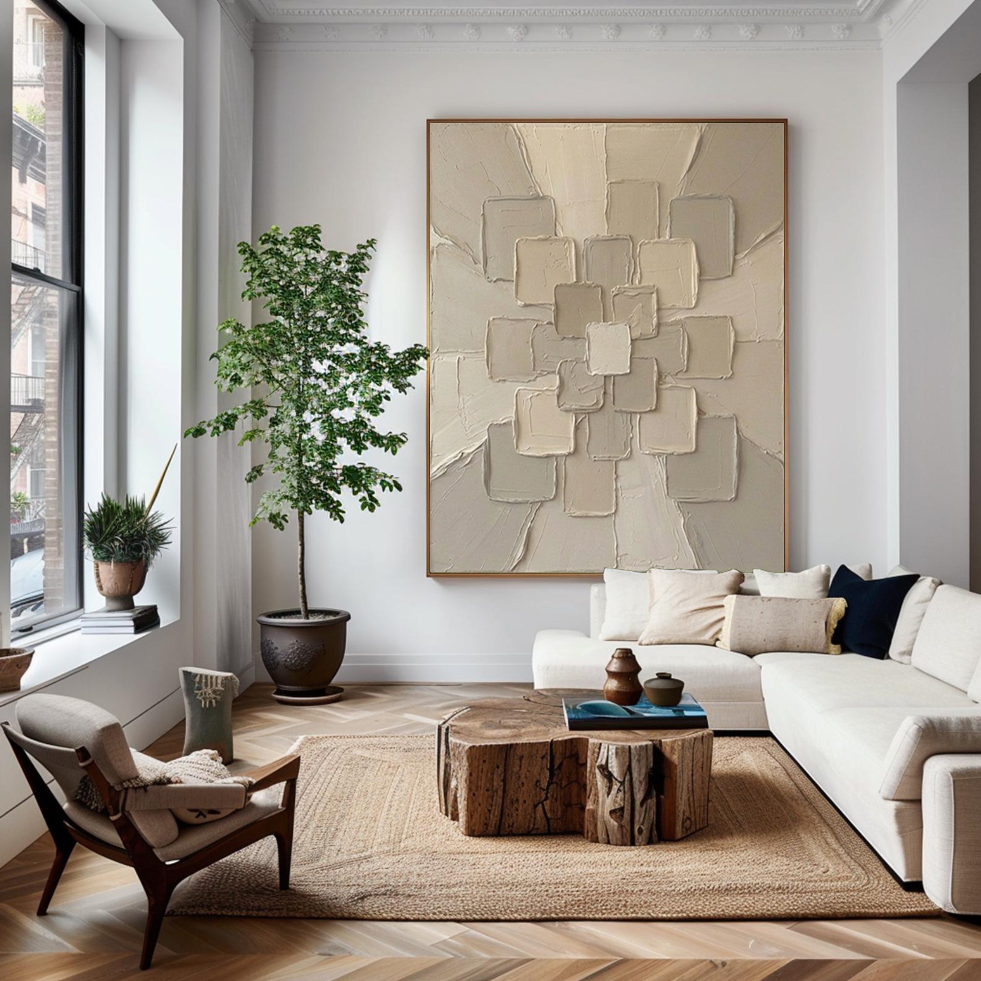 Large Modern Neutral Textured Canvas Art Geometric Wall Decor