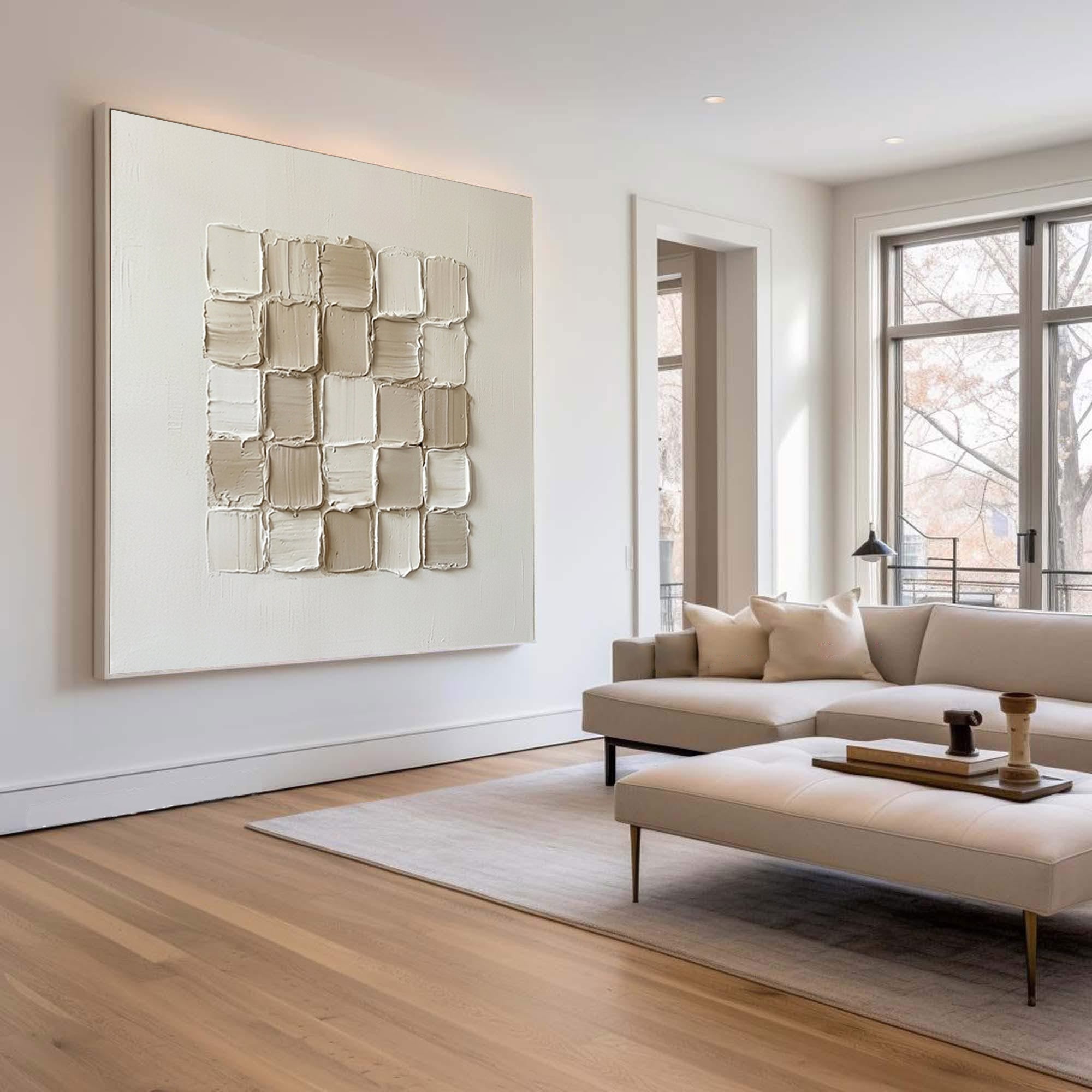 Large Modern Textured Squares Wall Art Neutral Hand Painted Canvas Painting