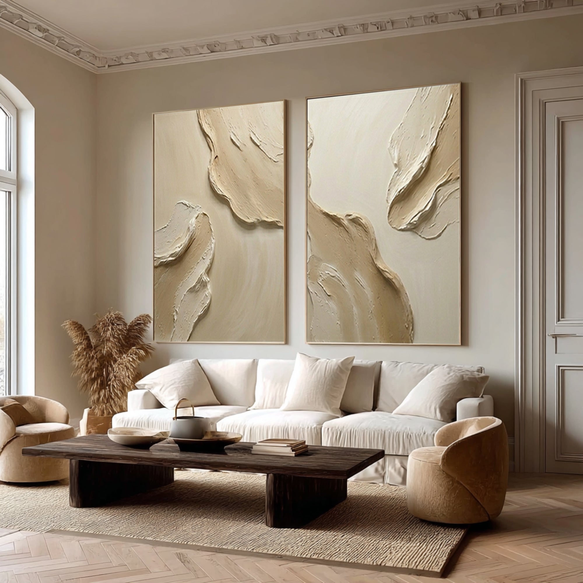 Large Textured Wall Art for Living Room Neutral Diptych Canvas Set