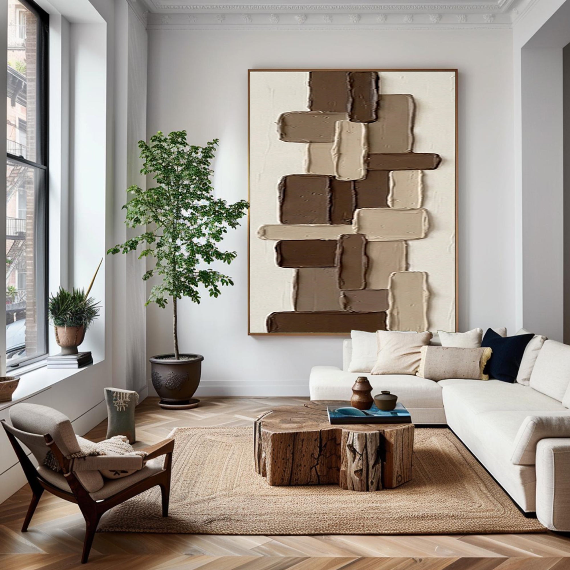 Large Contemporary Block Relief Art Brown Neutral Texture Painting