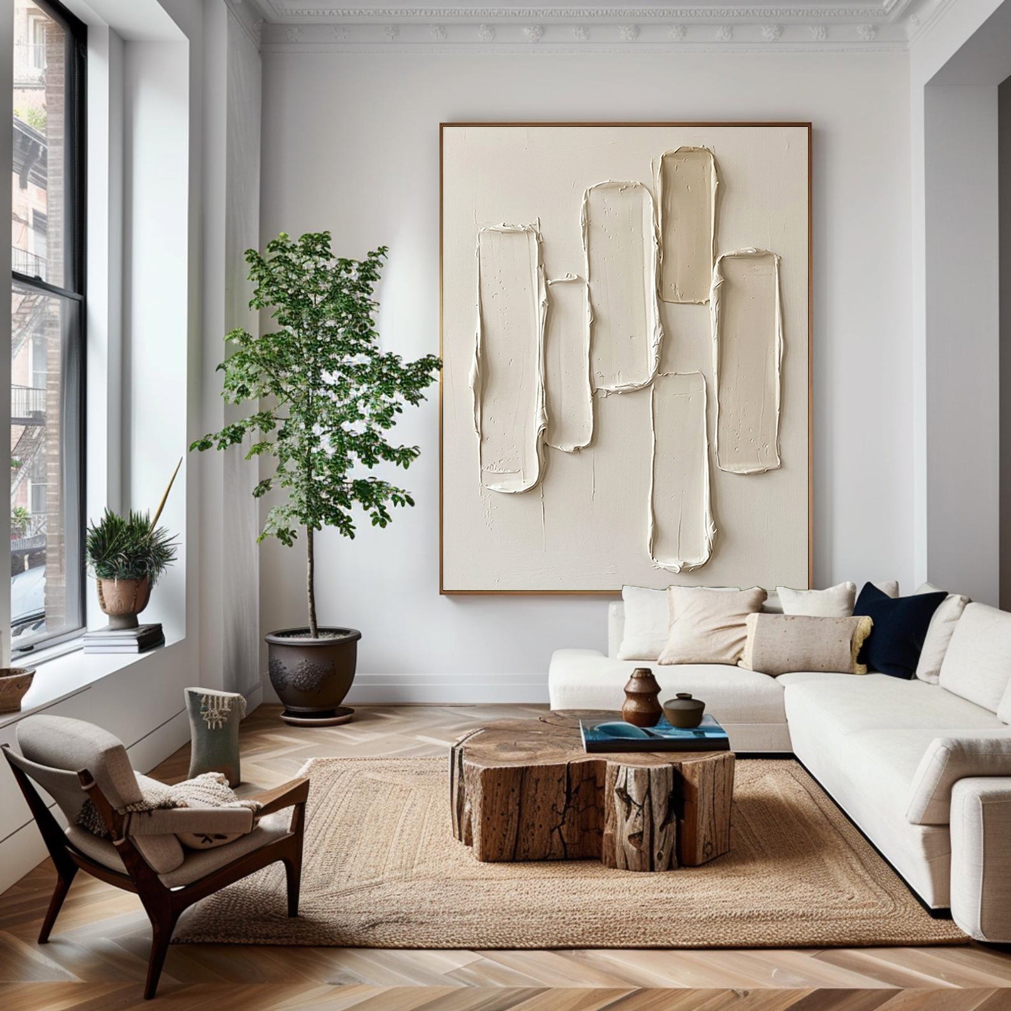 Large Hand-Painted Neutral Relief Wall Art for Luxury Home Decor