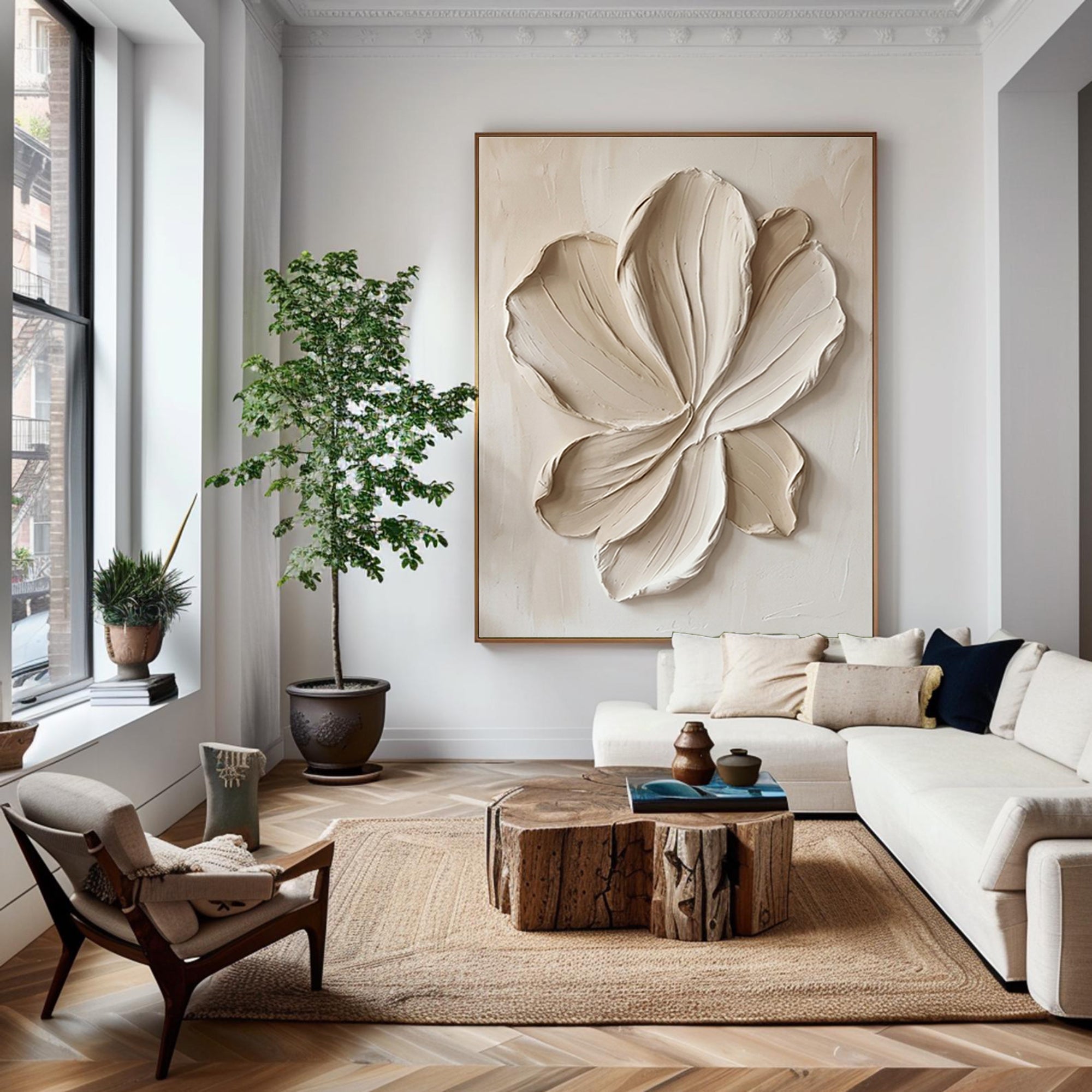 Large Sculptural Botanical Canvas Art White Textured Wall Decor