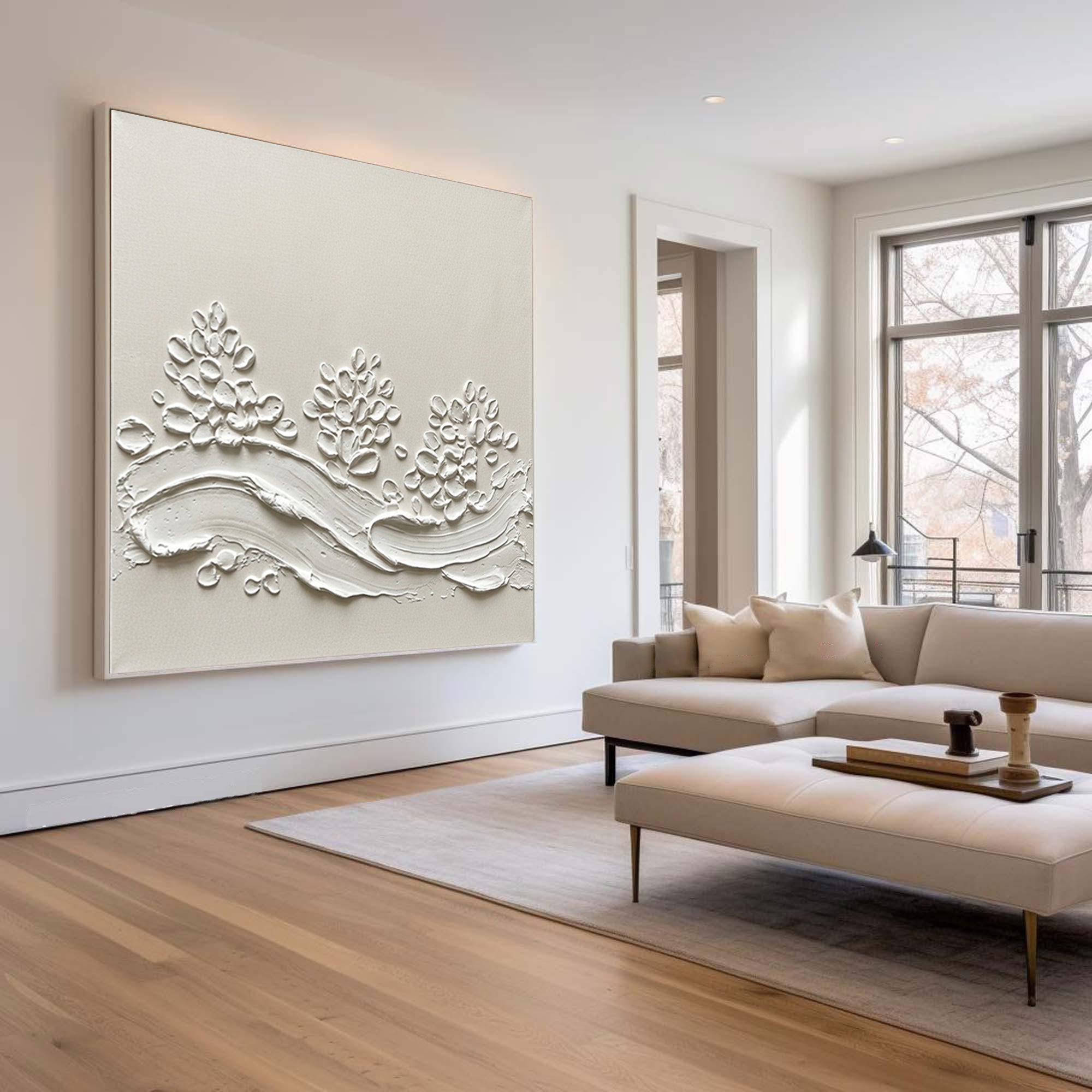 Luxury Floral Relief Wall Art Large Neutral Textured Canvas Painting