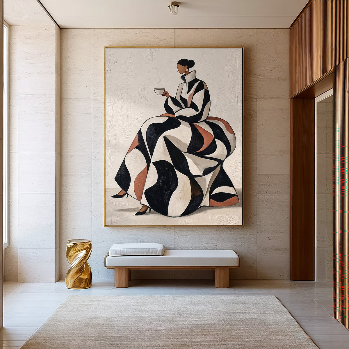 Black Cream Woman Painting Terracotta Fashion Wall Art