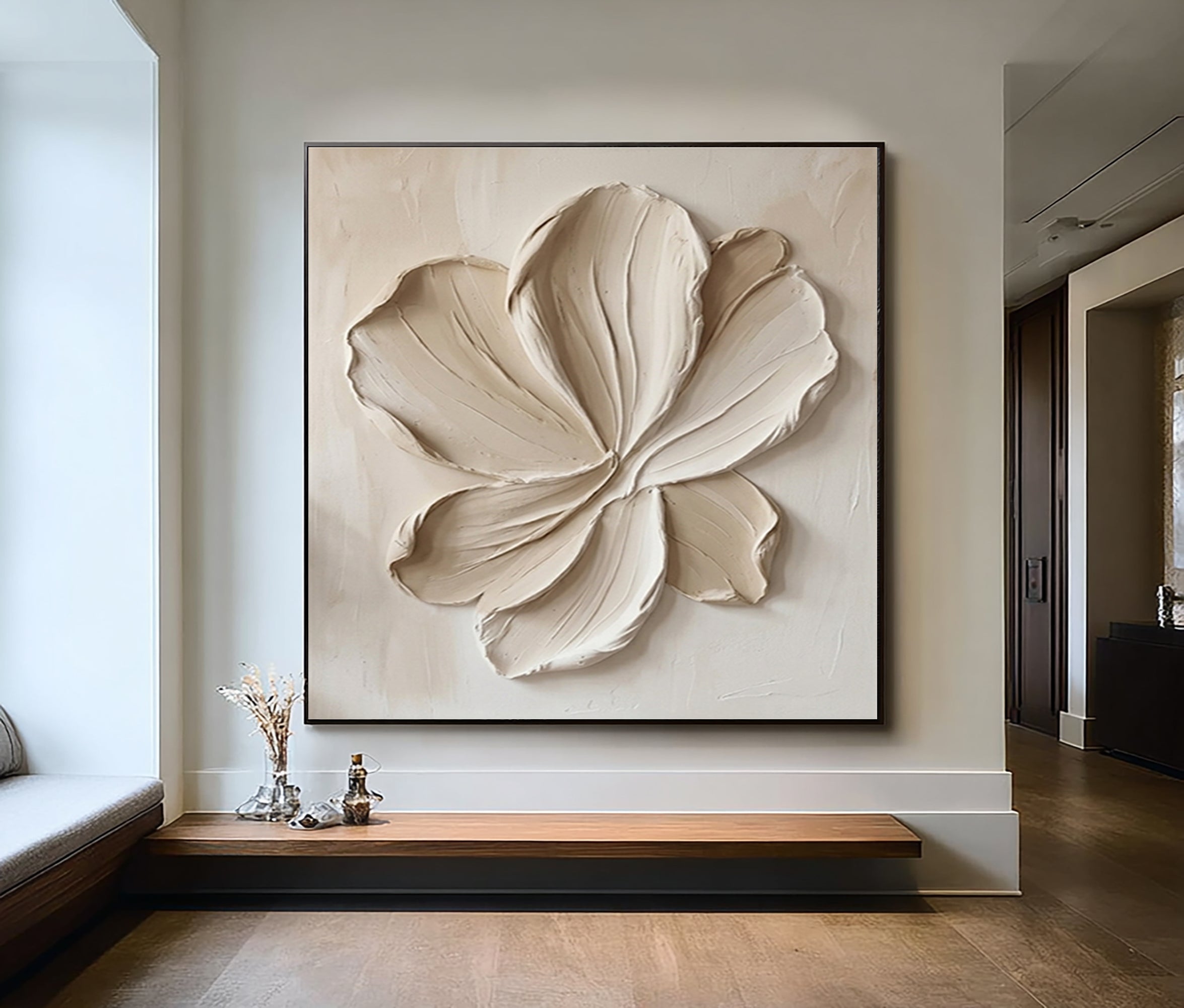 Large Cream Textured Flower Canvas Art Modern Wall Decor