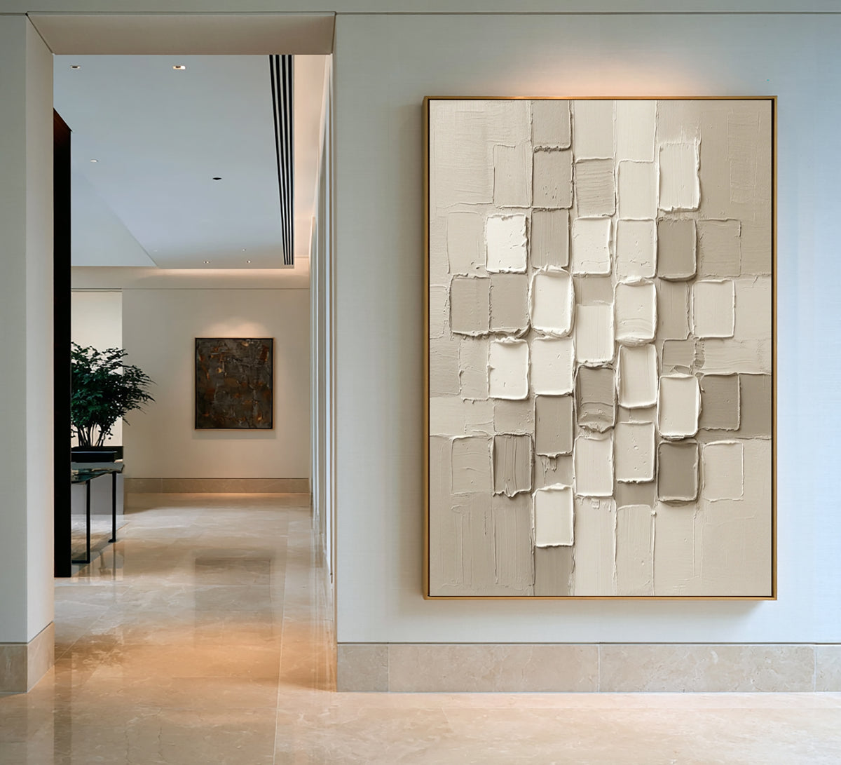 Large Elegant Neutral Textured Wall Art White Beige Abstract Oil Painting 3D Geometric Relief Modern Minimalist Luxury Home Decor