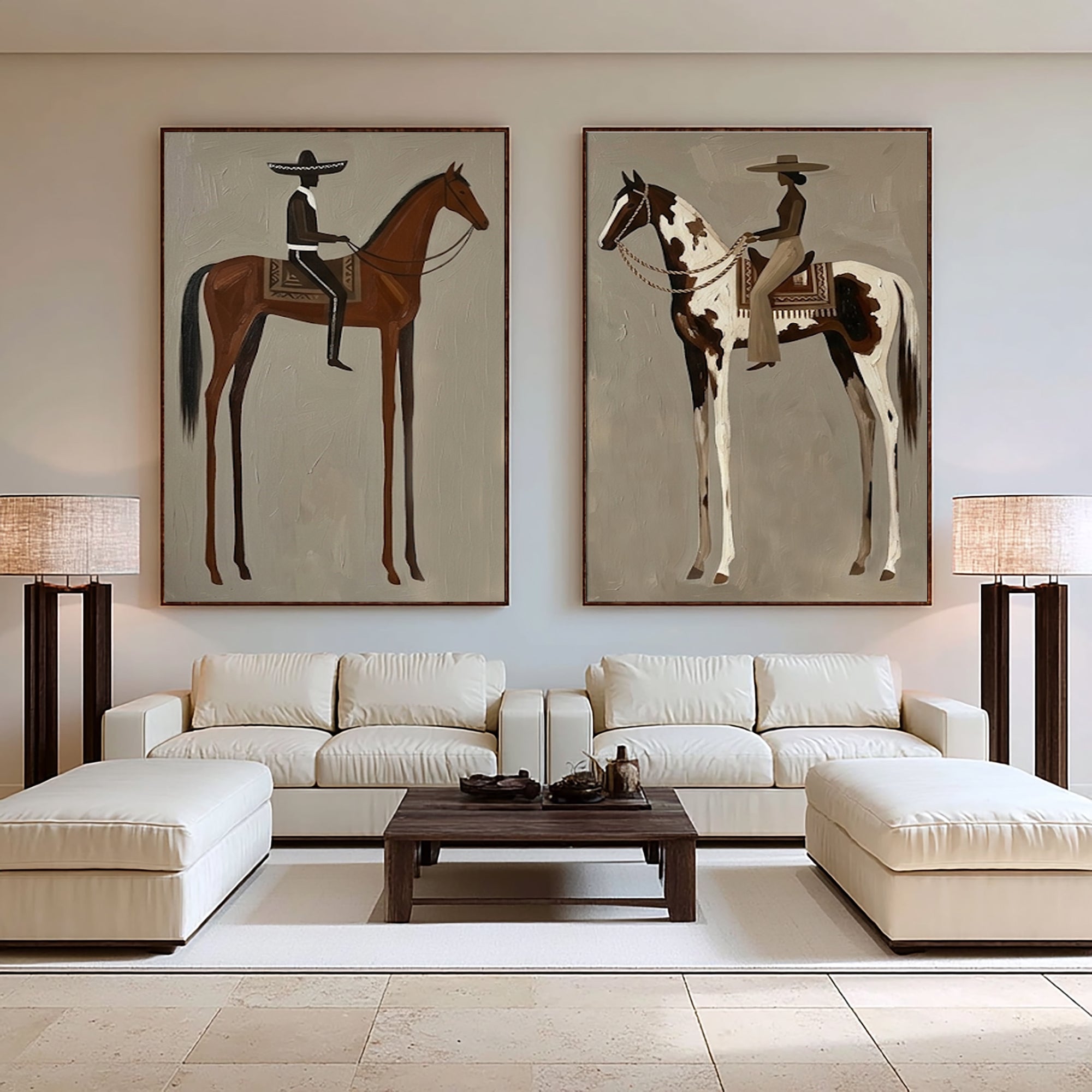 Large Minimalist Cowboy Horse Wall Art Contemporary Western Canvas Diptych
