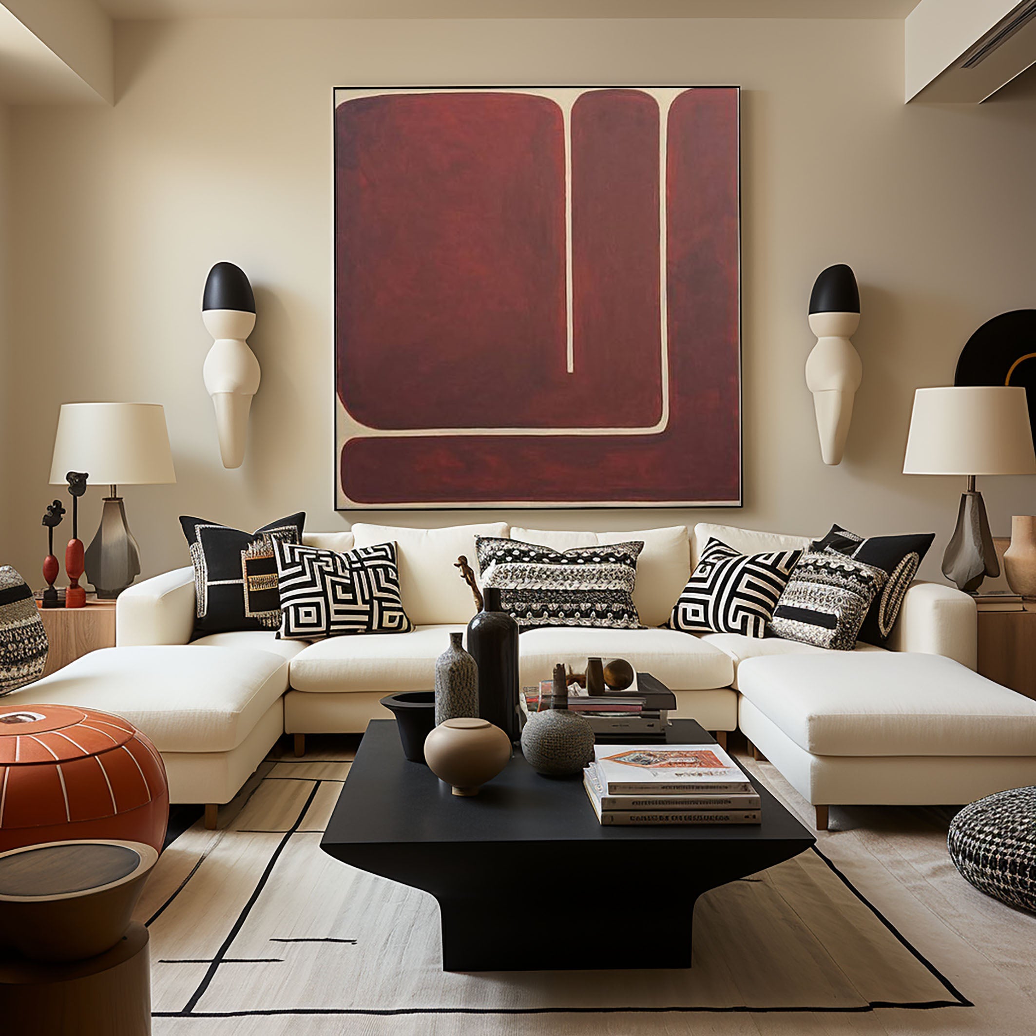 Rustic Red Geometric Abstract Canvas Modern Home Decor #MM080