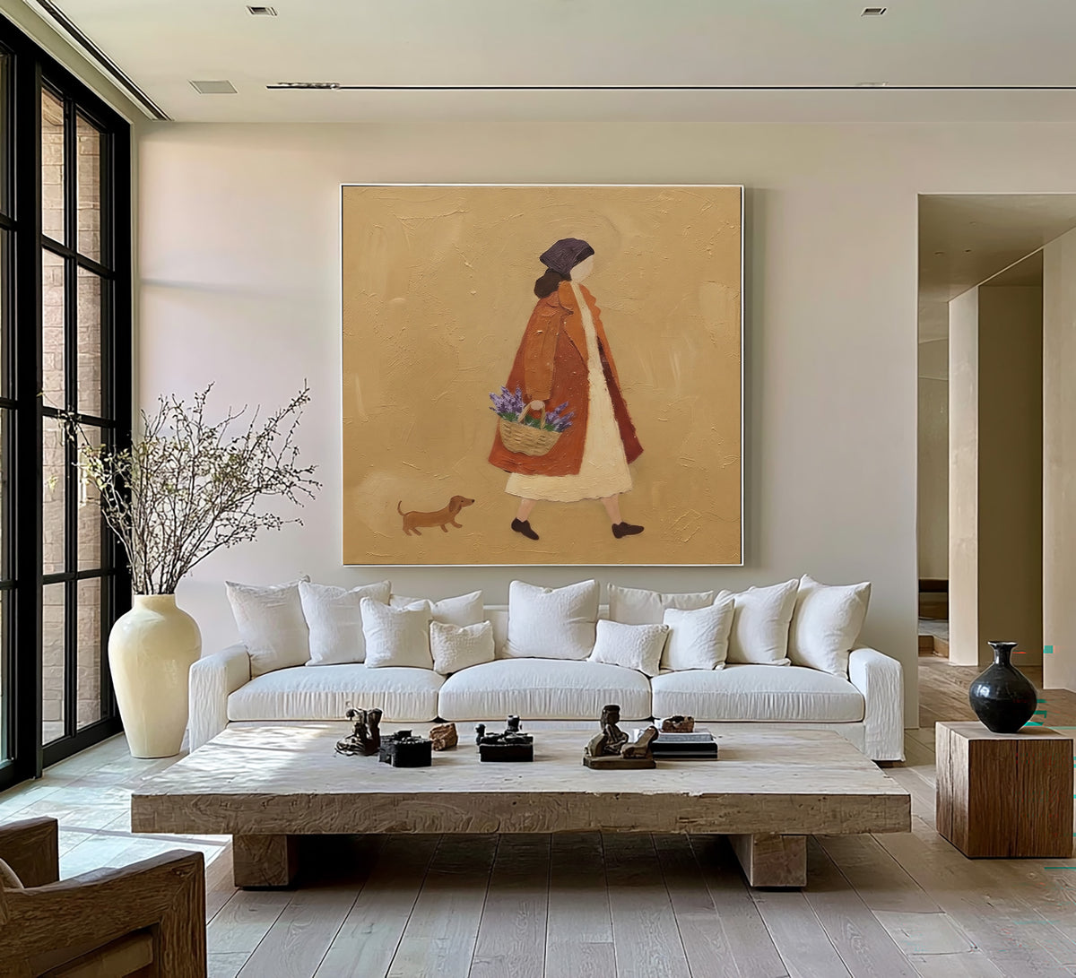 A Stroll Through The Countryside Woman Walking Dog Original Figurative Painting Warm Rustic Wall Art