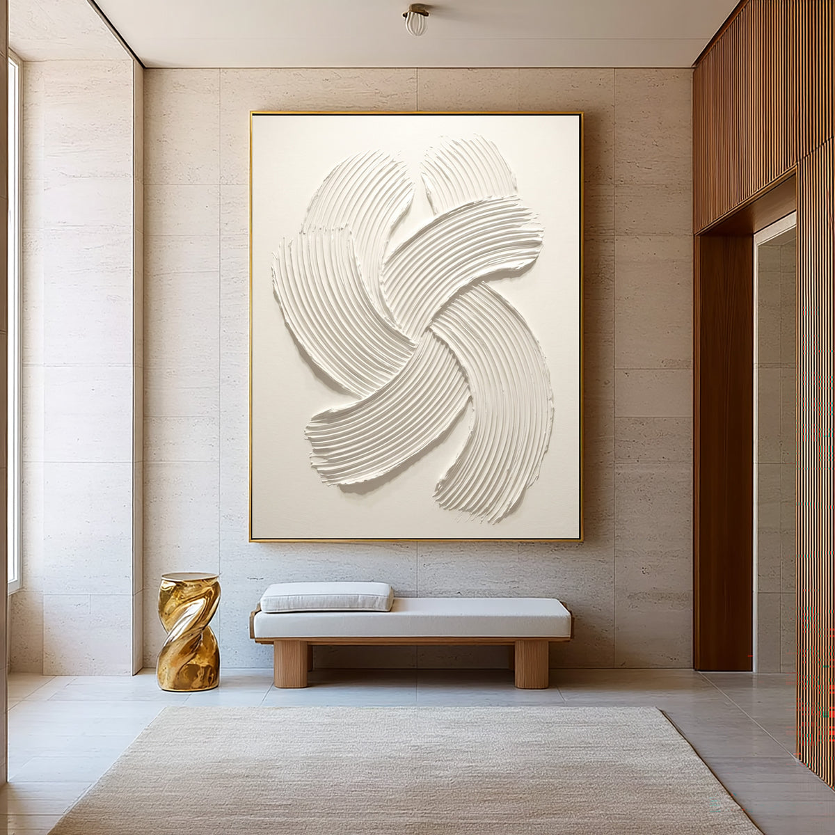 Rhythmic Curves Handmade Textured Abstract Artwork White Sculptural Relief Painting Contemporary Wall Decor