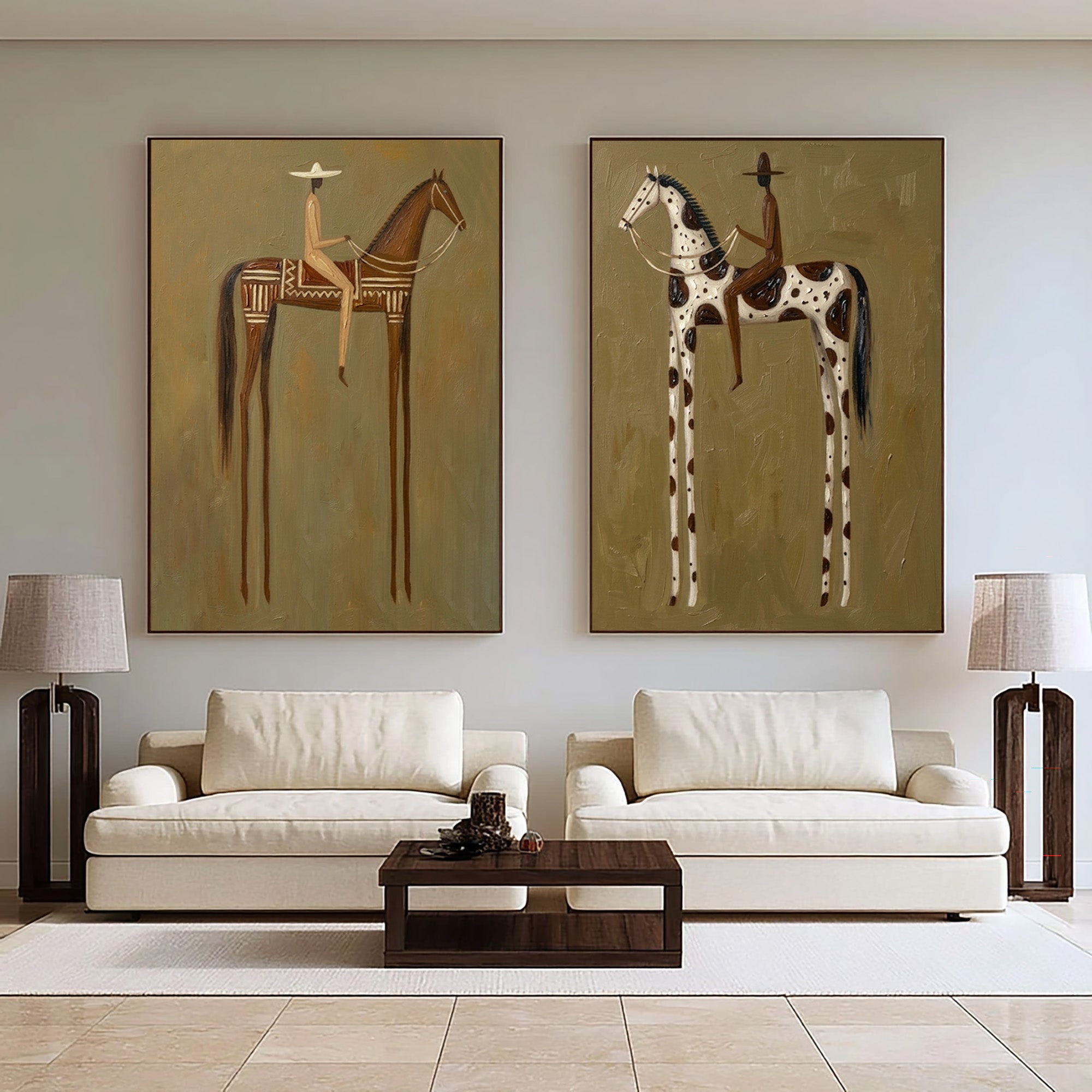 Large Cowboy Horse Wall Art Modern Western Heritage Diptych Canvas