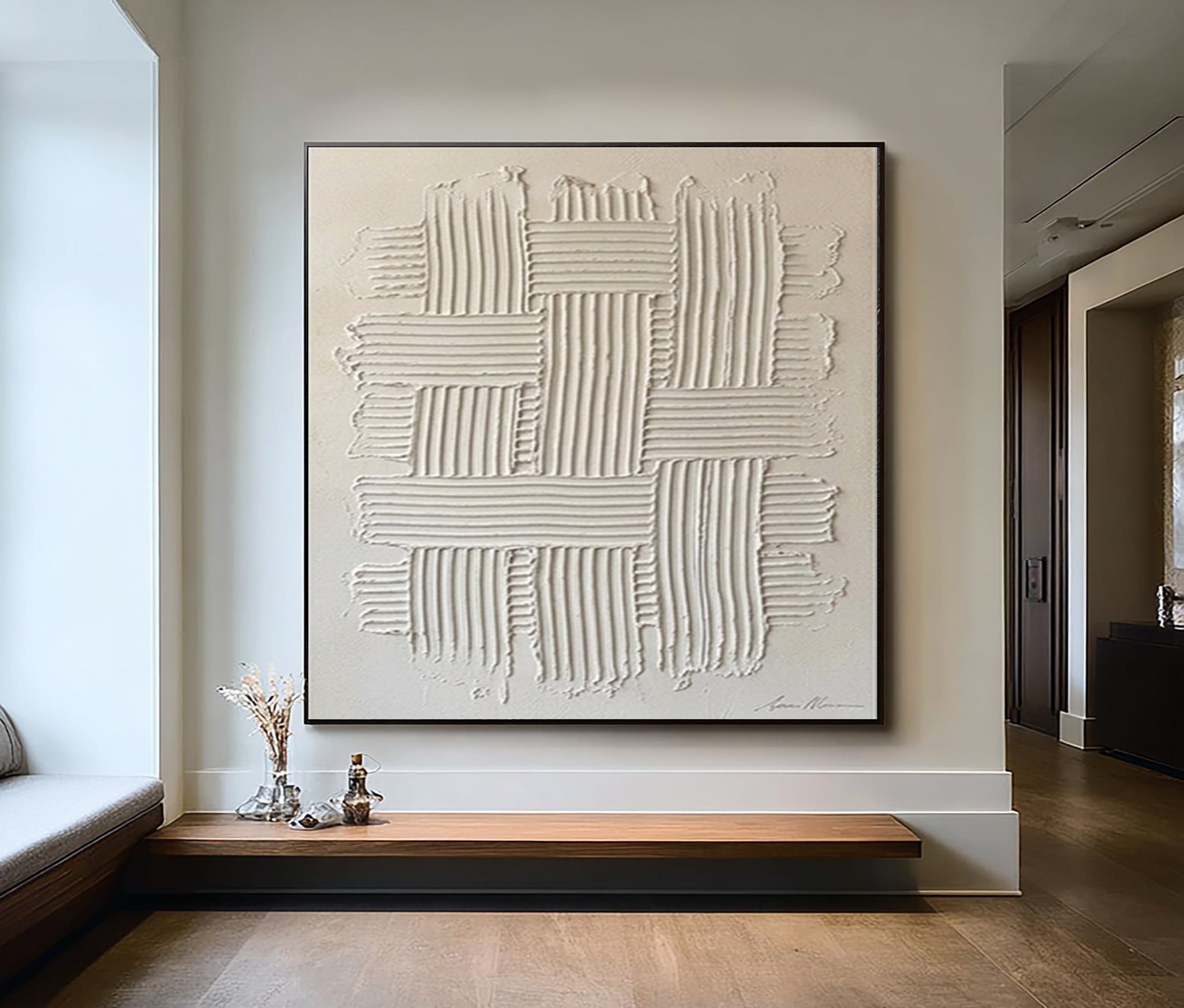 Large Modern Woven Wall Art Hand Painted Textured Neutral Canvas