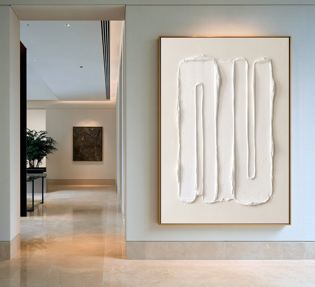 Large Modern Vertical Textured Relief Wall Art Ivory Abstract Oil Painting Sculptural Raised Lines Neutral Minimalist Contemporary Luxury Home Decor