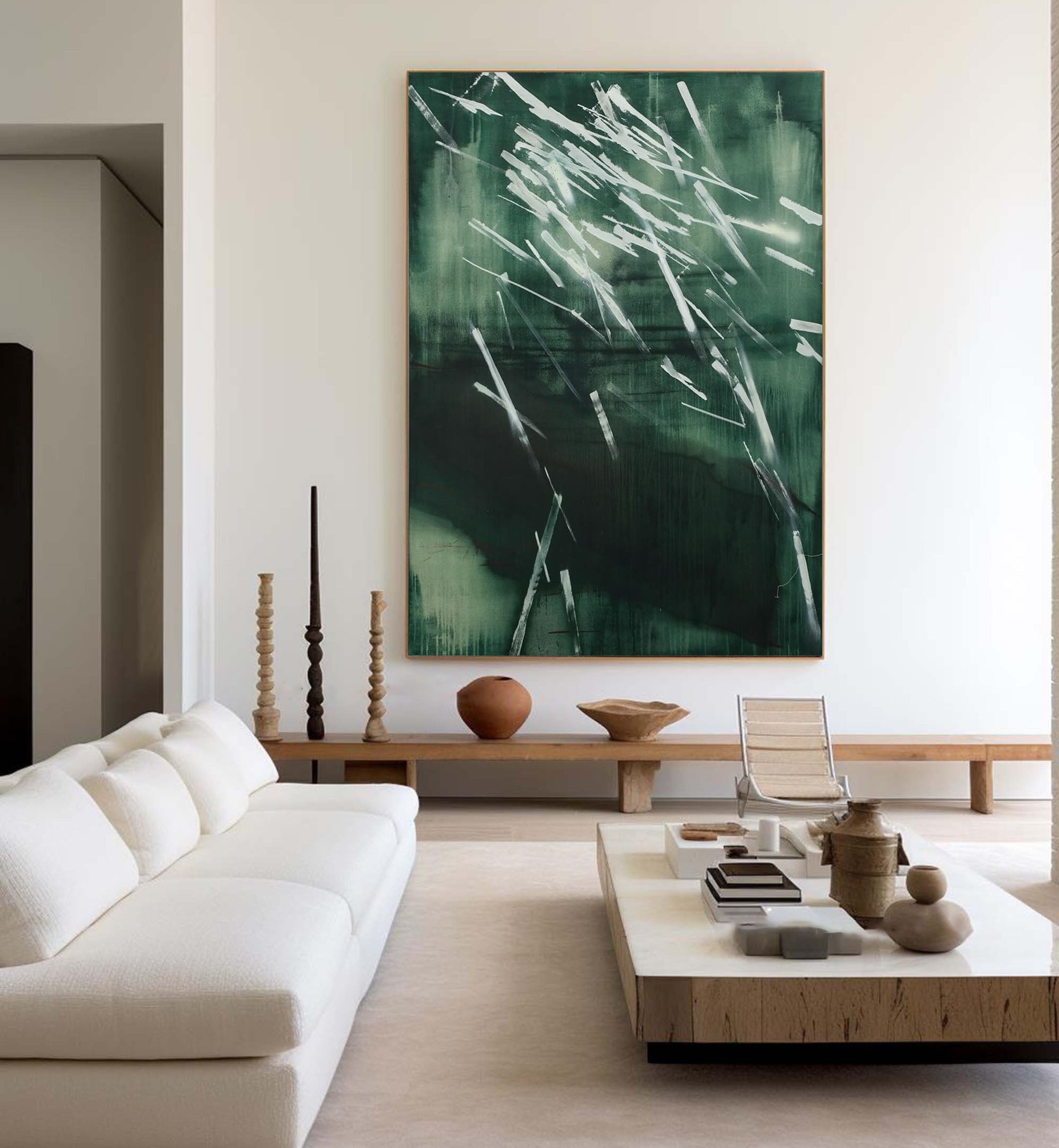 لوحة جدارية تجريدية طبيعية بضربات فرشاة ديناميكية باللون الأخضر الداكن #AB022