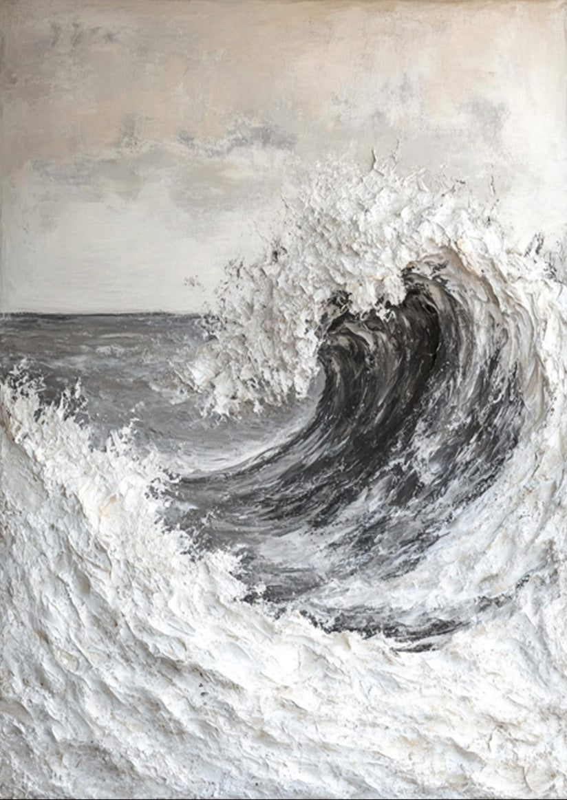 Modern Seascape Painting with Tactile Wave in Grays and Whites #MM565