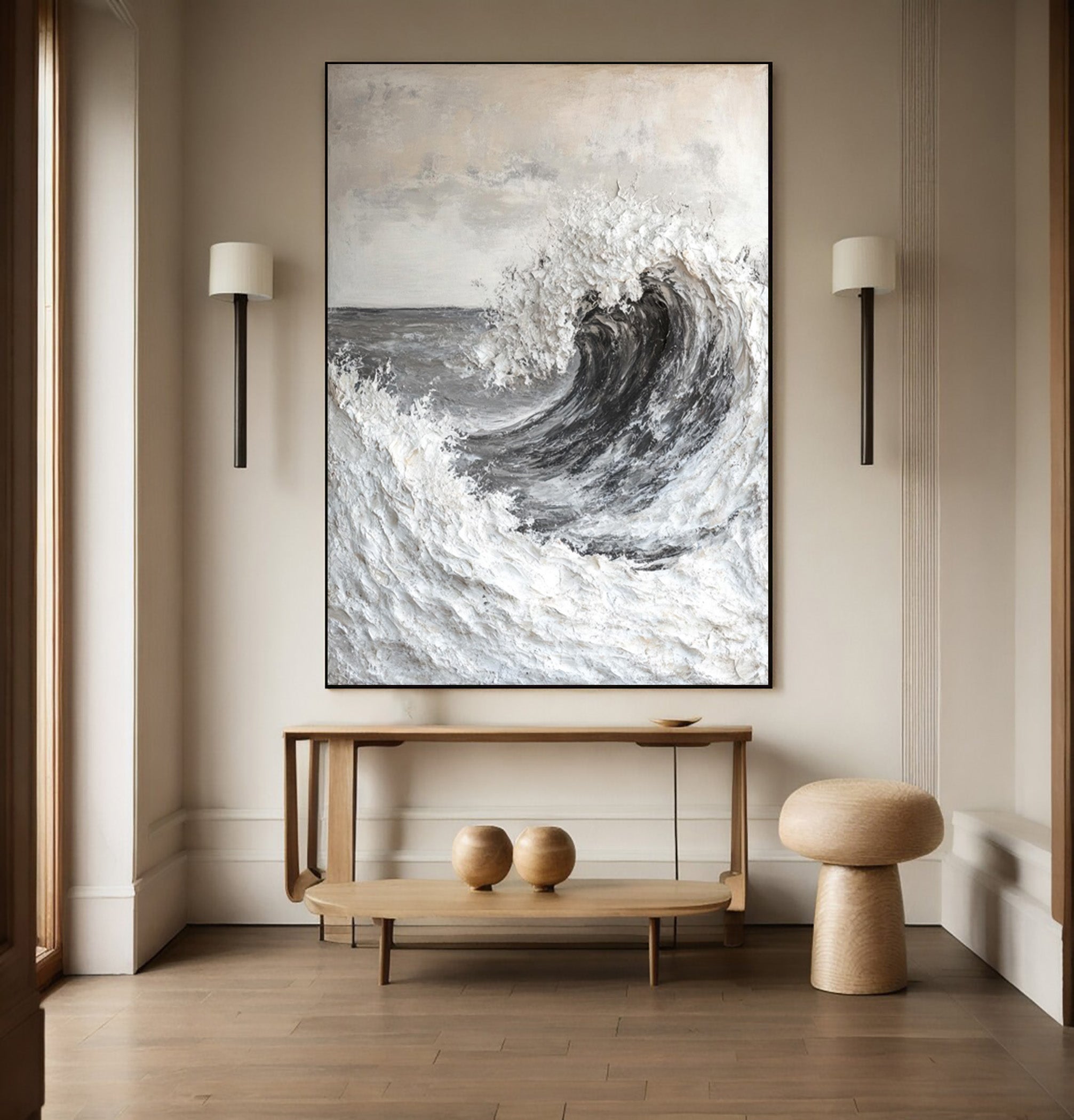 Modern Seascape Painting with Tactile Wave in Grays and Whites #MM565