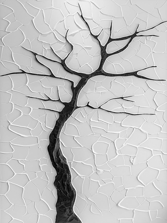 Winter's Embrace: Minimalist Black Tree on Textured White #MM567