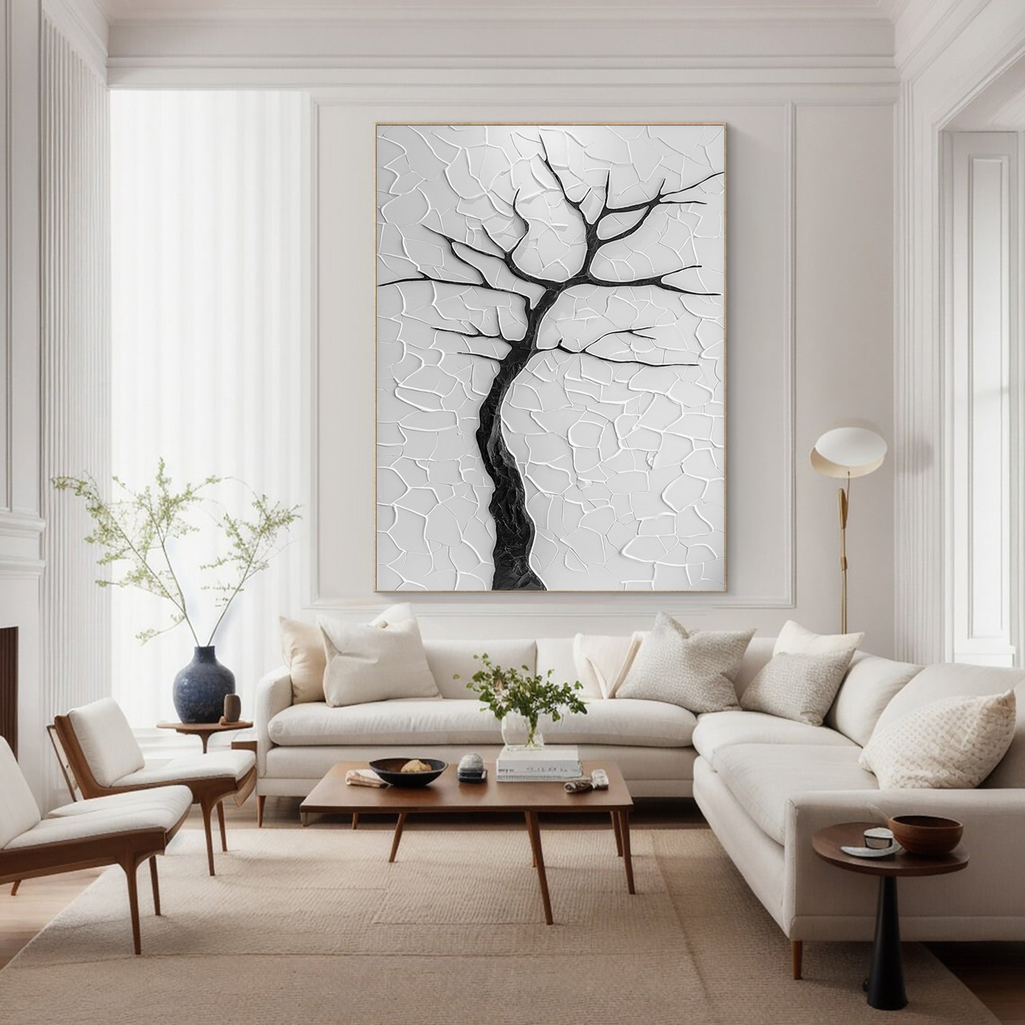 Winter's Embrace: Minimalist Black Tree on Textured White #MM567