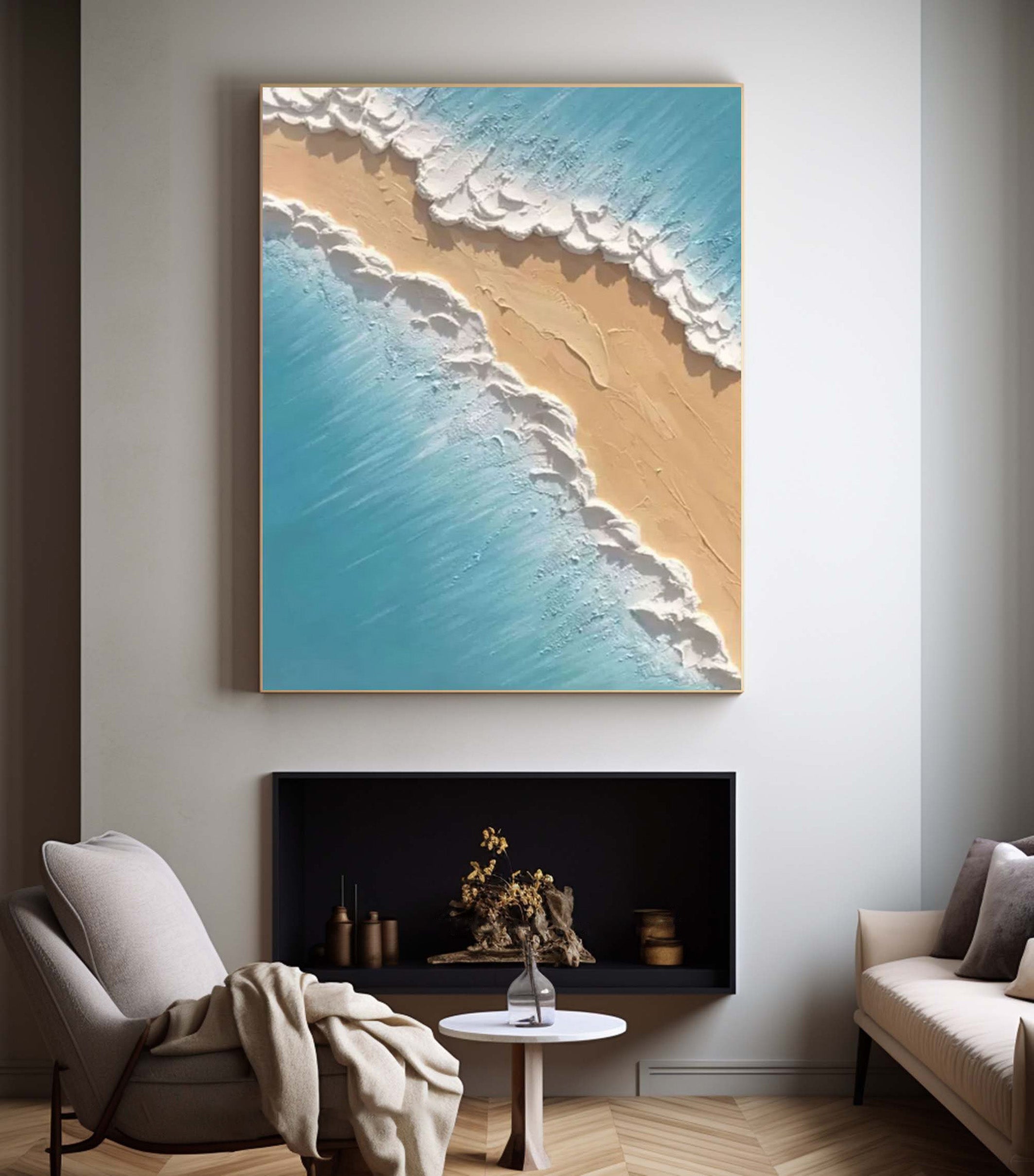 Where Azure Meets Gold: Textured Overhead Beach Wall Art #MM526