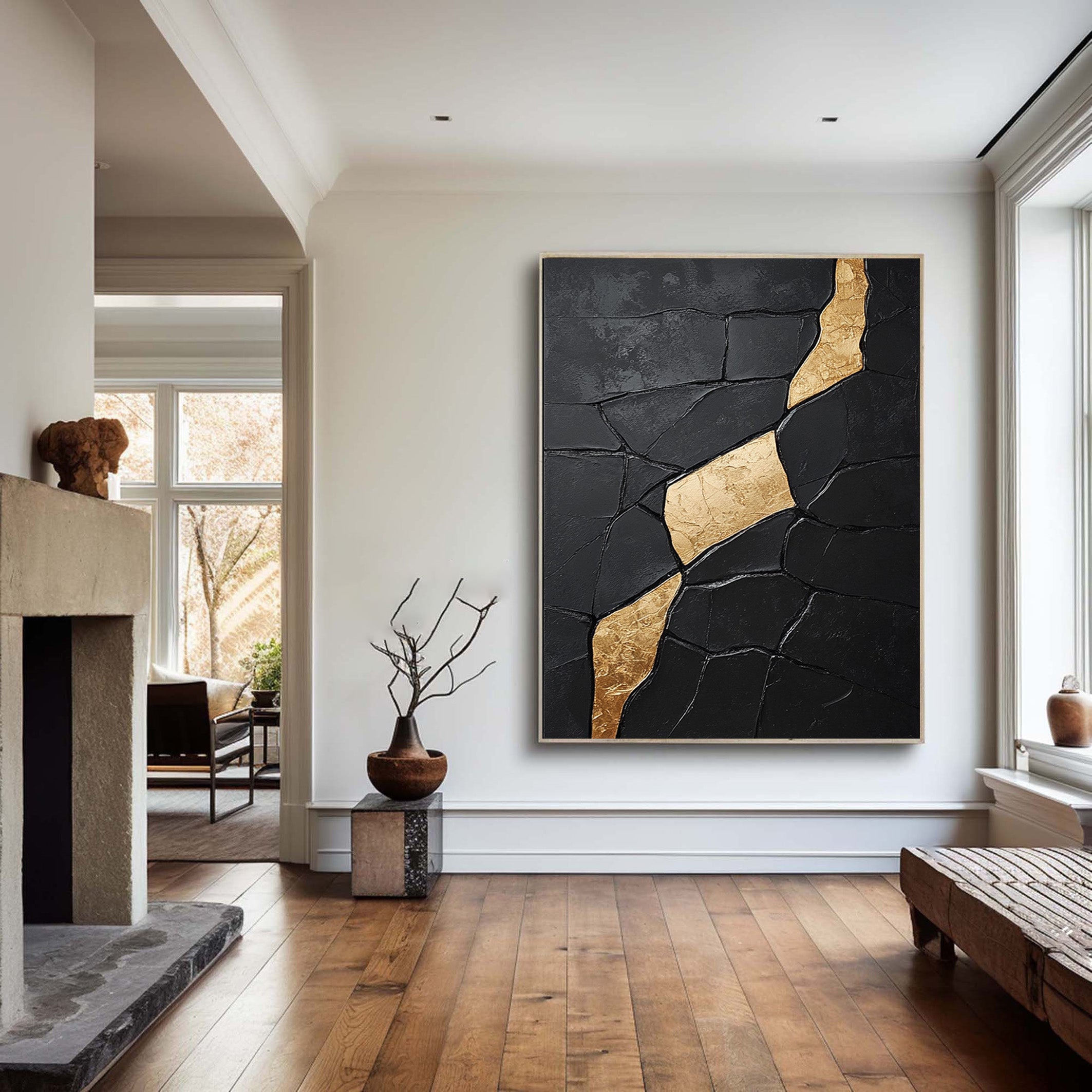 Gilded Incline: Textured Black Abstract with Diagonal Gold Vein #MM556