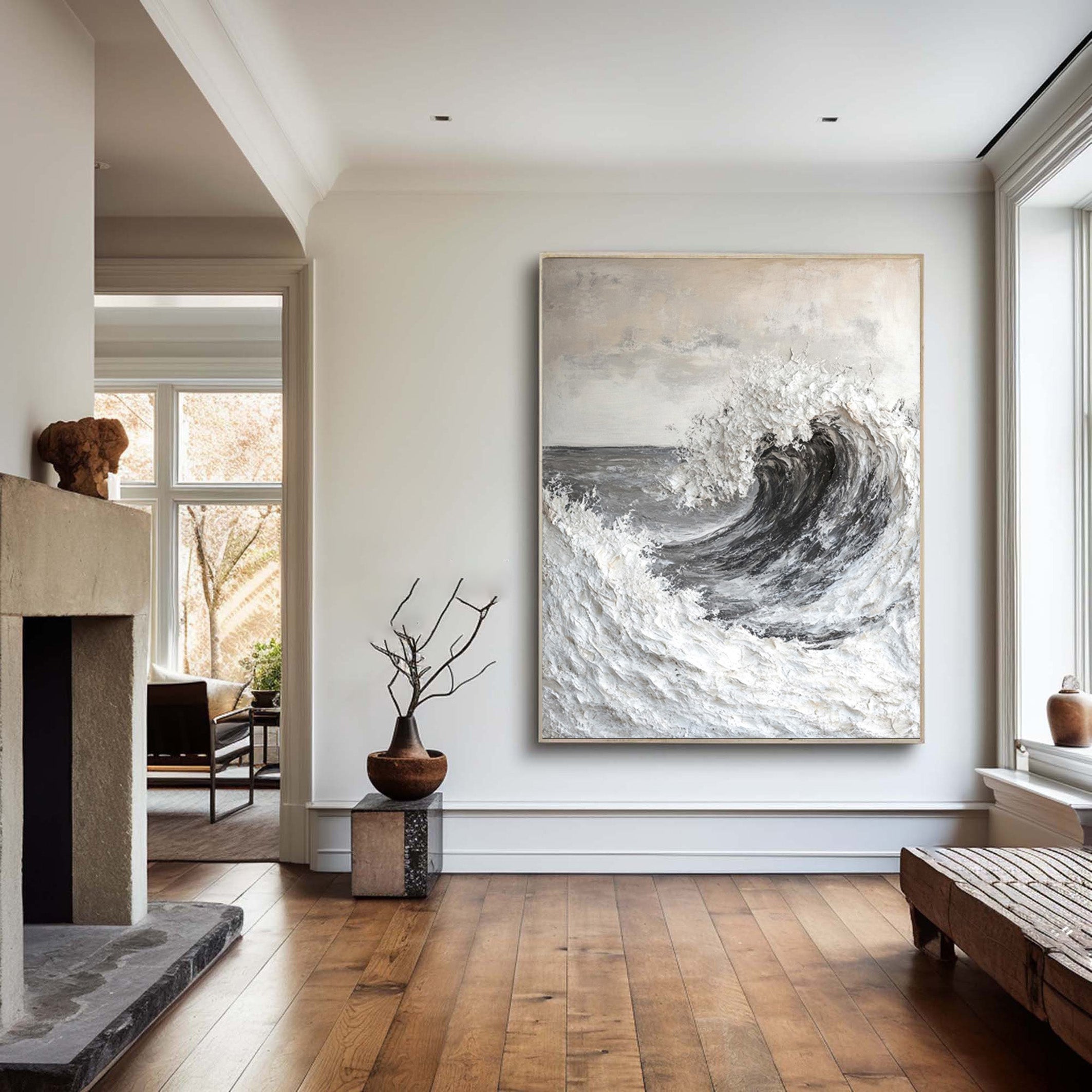 Modern Seascape Painting with Tactile Wave in Grays and Whites #MM565