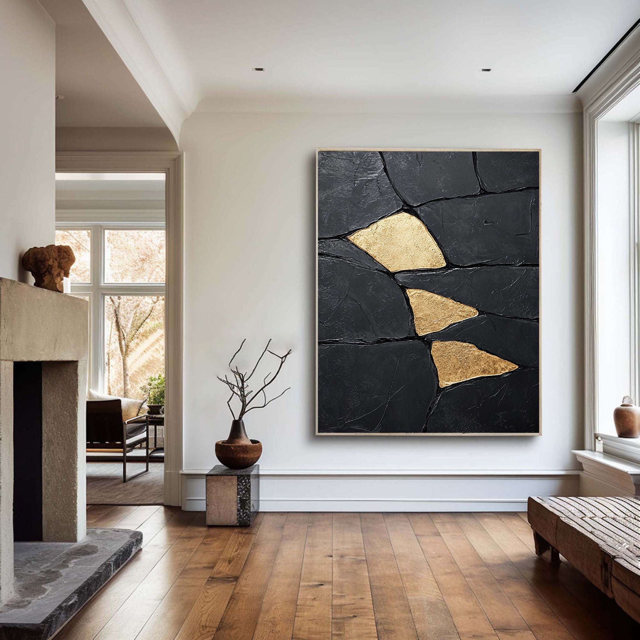 Gilded Shards: Heavily Textured Black Abstract with Gold Inlays #MM549