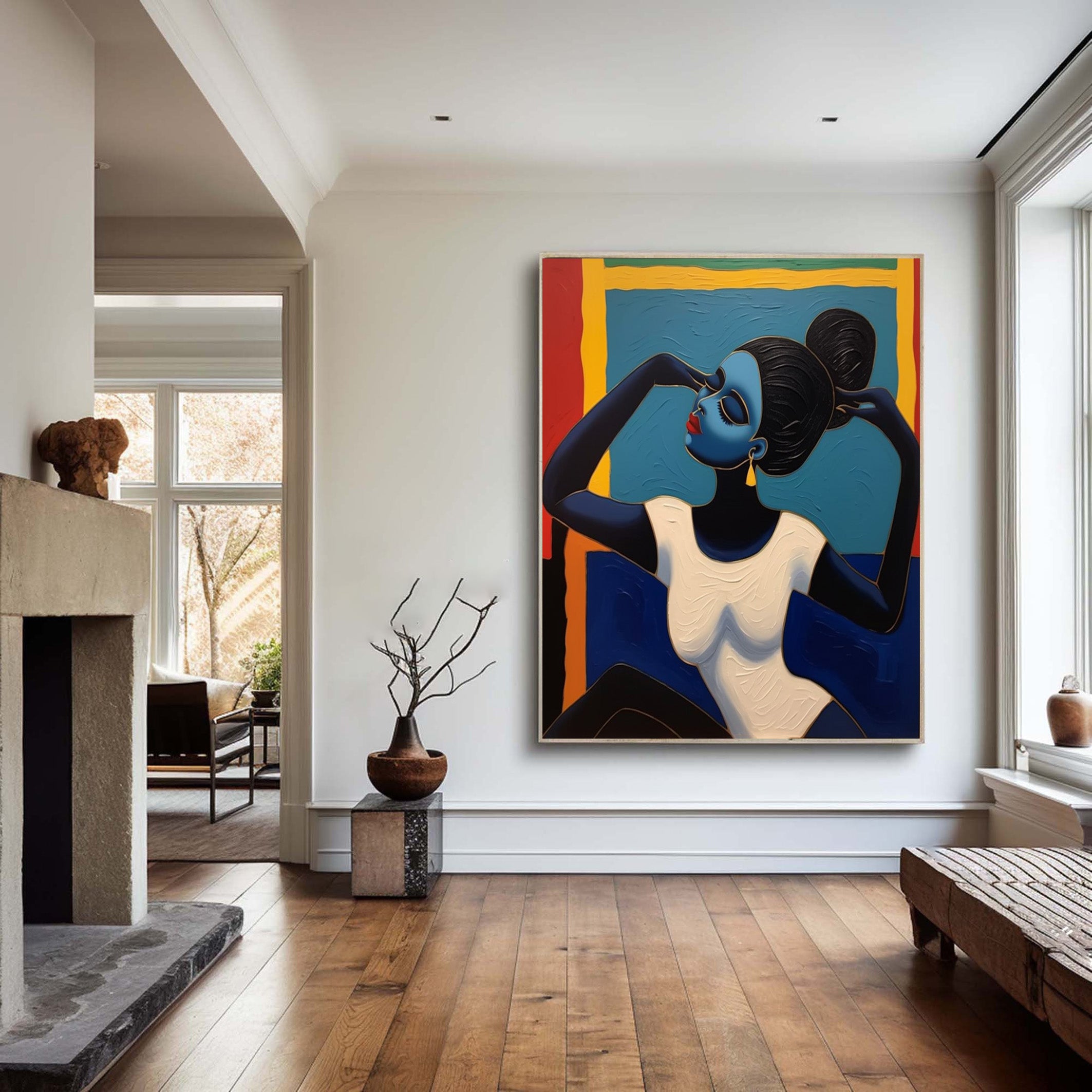 Geometric Grace: Stylized Figure Against Textured Color Shapes #MM542