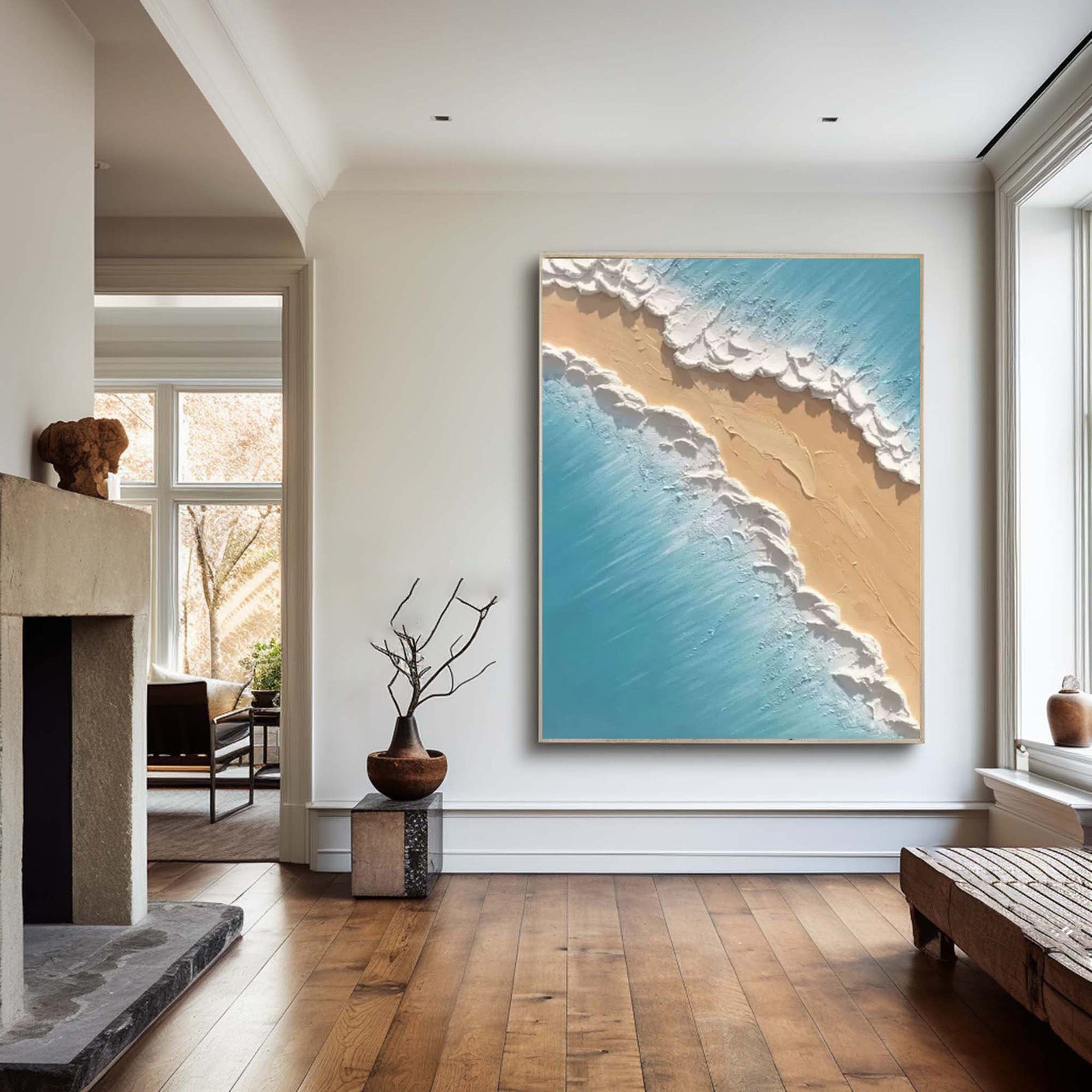 Where Azure Meets Gold: Textured Overhead Beach Wall Art #MM526