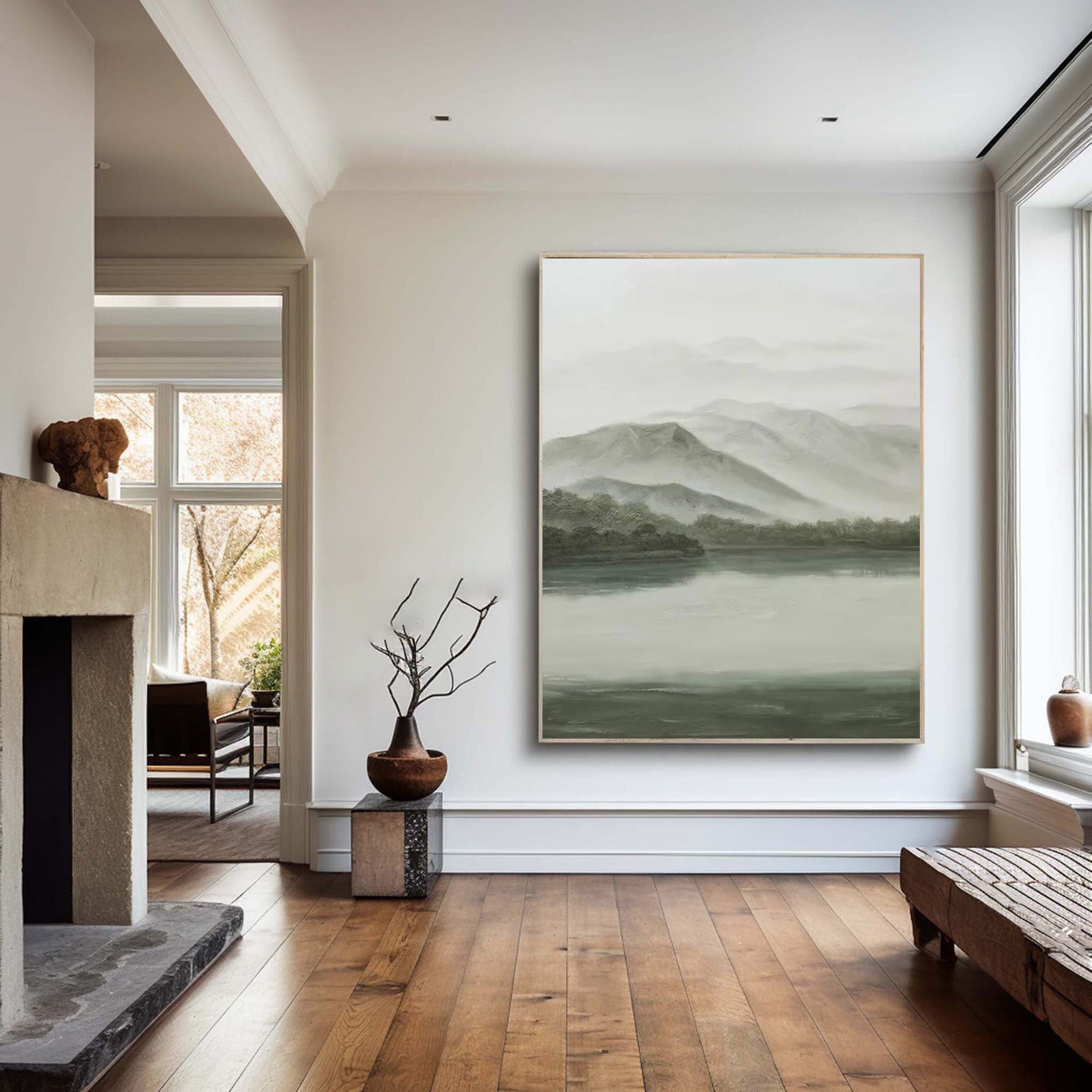 Whispers of Green: Tranquil Landscape with Mist, Peaceful Art #MM535