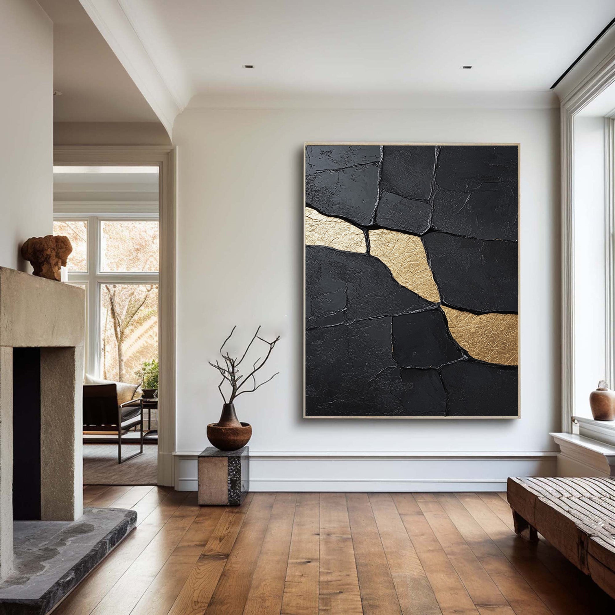 Gilded Flow:Textured Black Abstract with Organic Gold Inlays #MM551