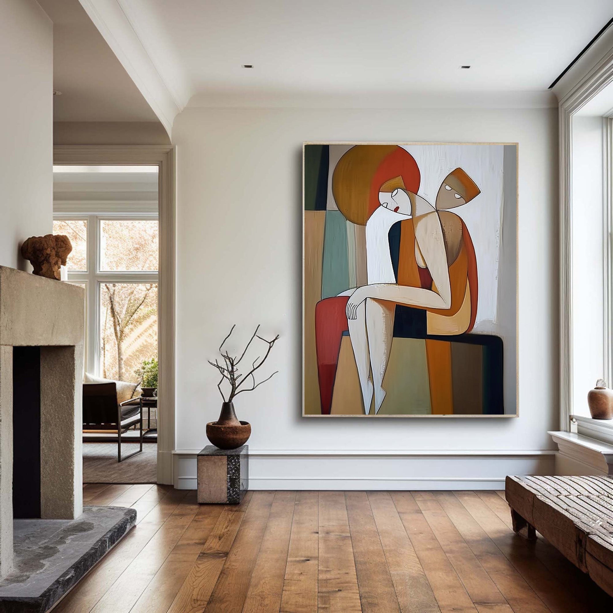 Geometric Embrace: Modern Stylized Figures, Warm Abstract Art #MM538