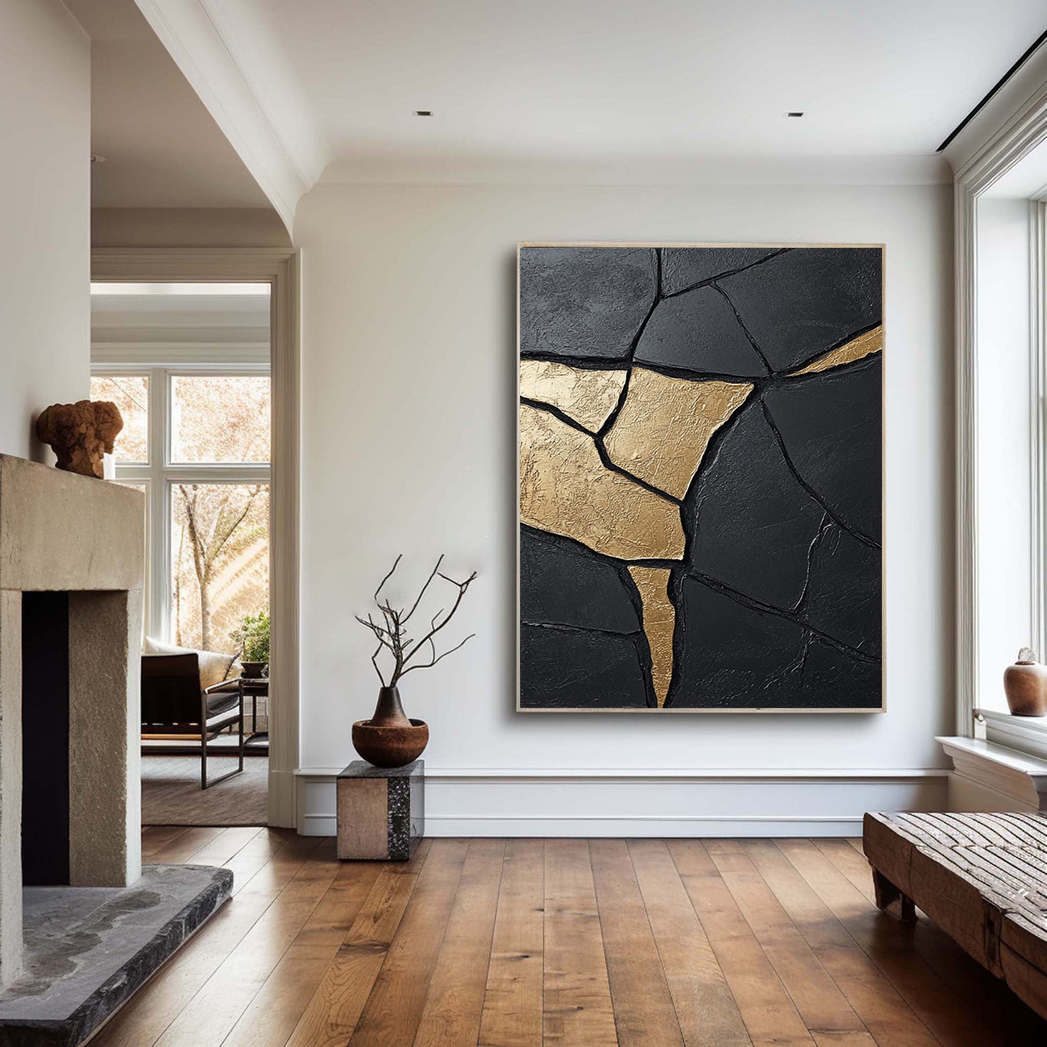 Textured Black Abstract with Organic Gold Veins for Modern Art #MM553