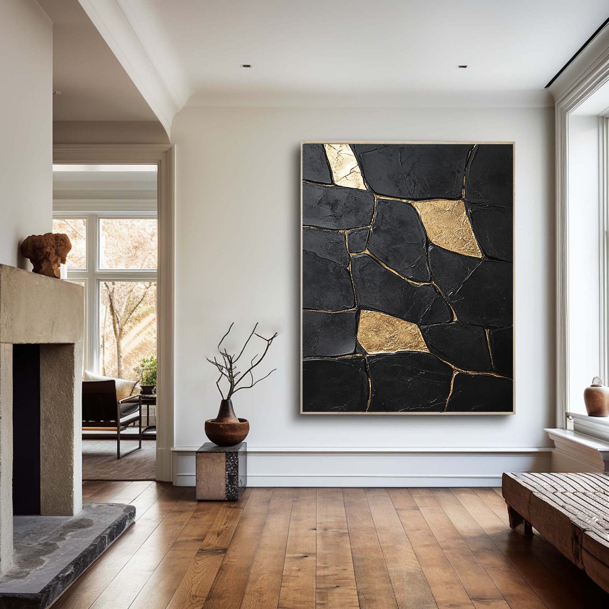 Shadow Mosaic: Large Modern Abstract with Textured Gold Shapes #MM552