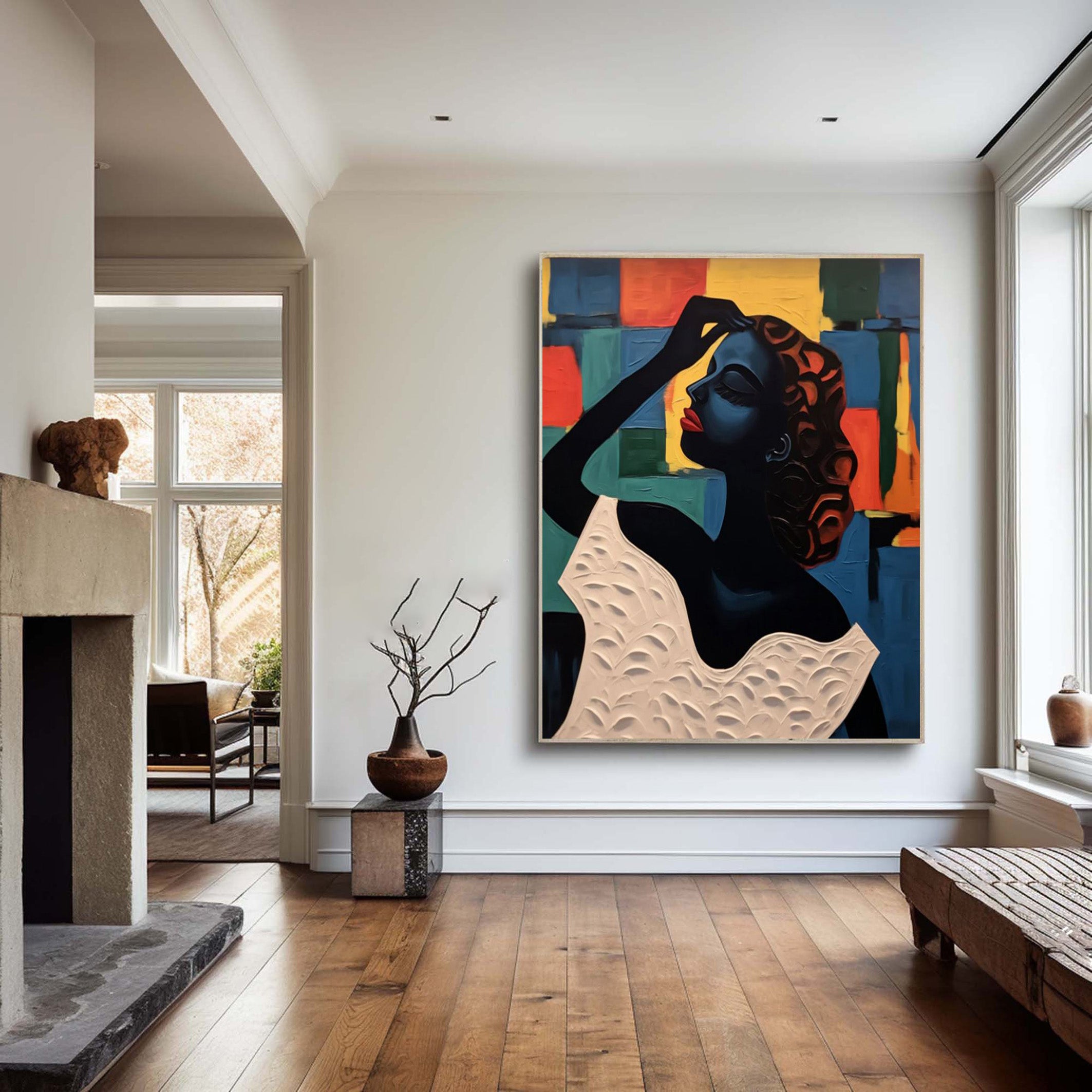 Geometric Poise: Stylized Figure Against Textured Color Shapes #MM537