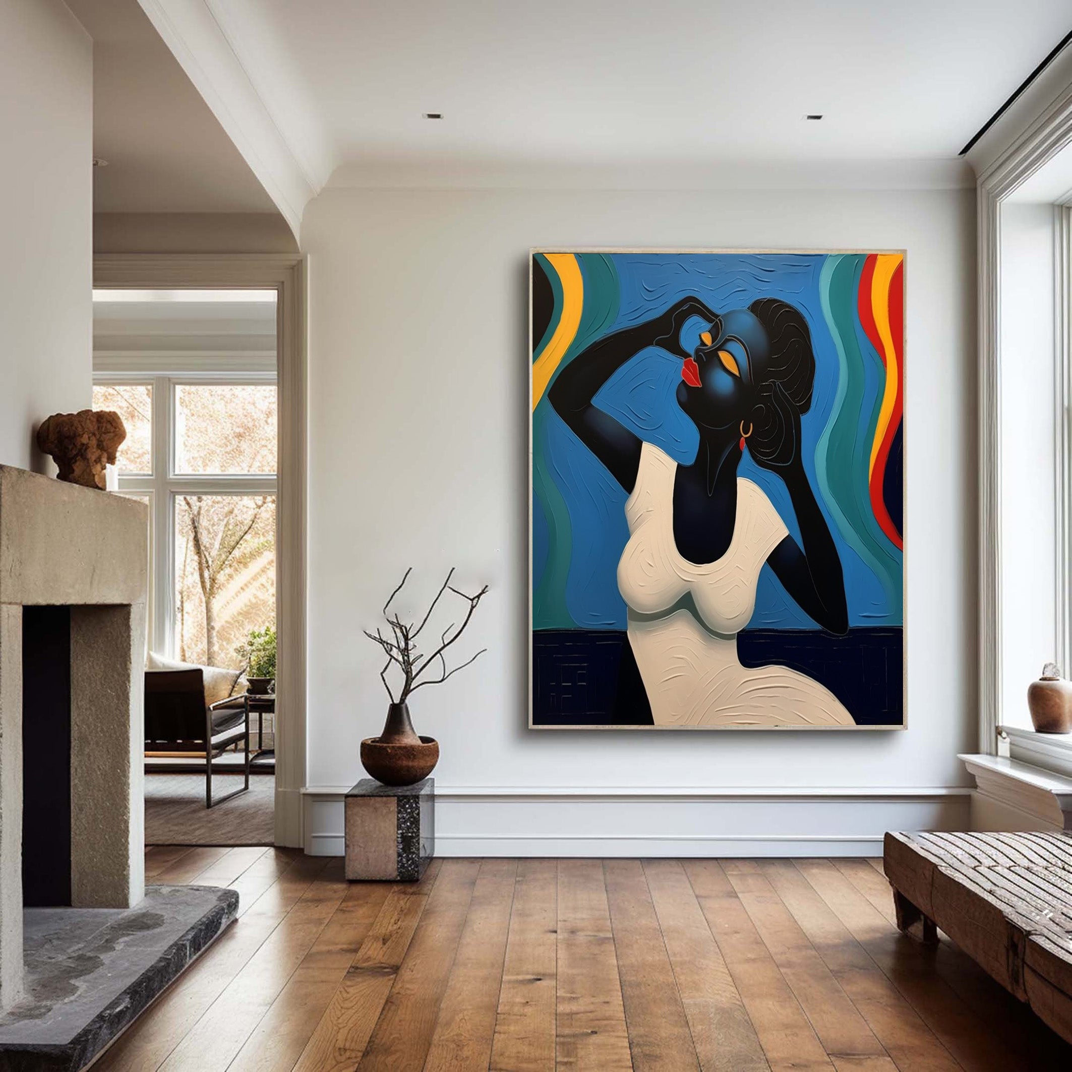 Stylized Figure Against Textured Color Swirls, Elegant Portrait #MM536