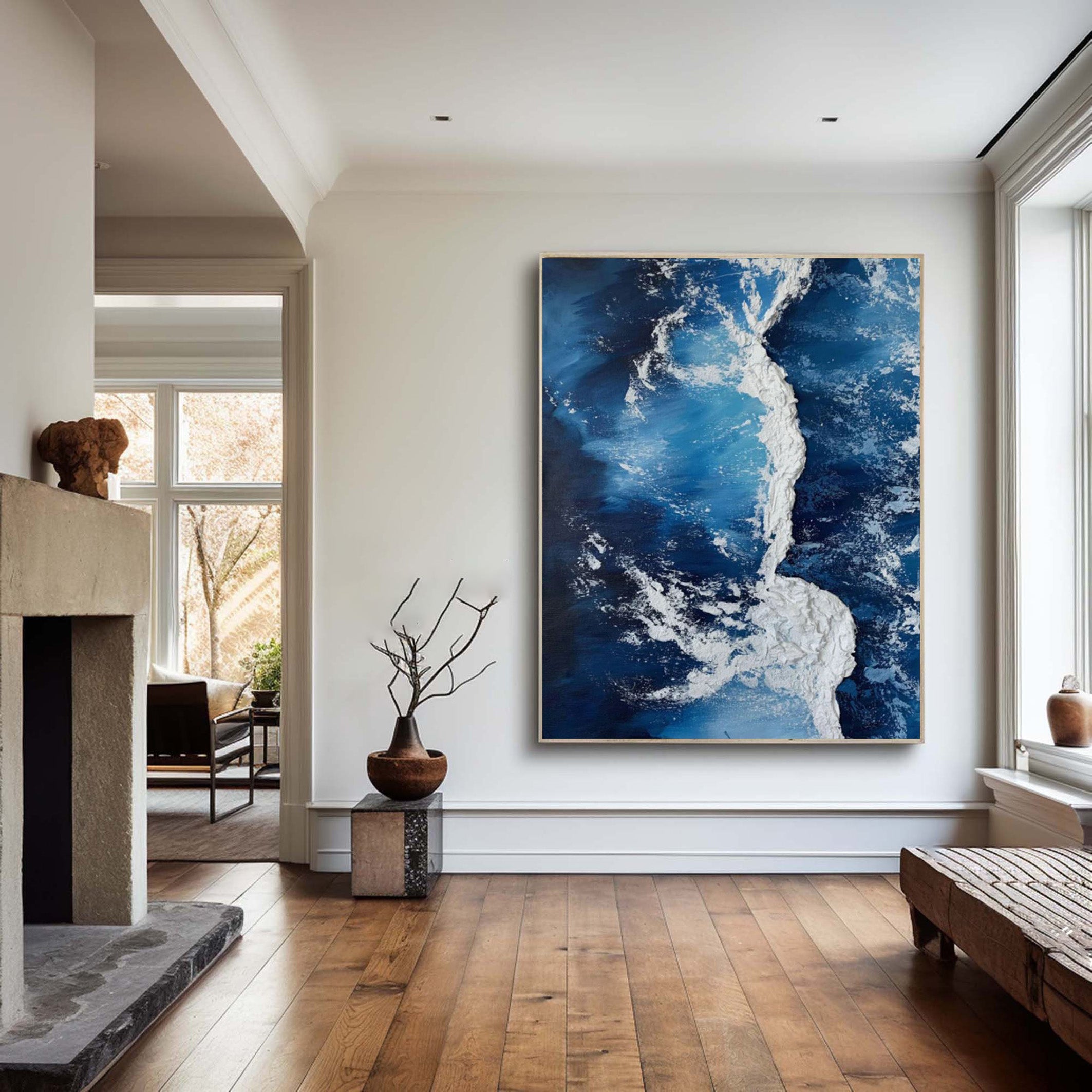 Aerial Tides: 3D Textured Ocean Waves, Blue and White Art #MM539