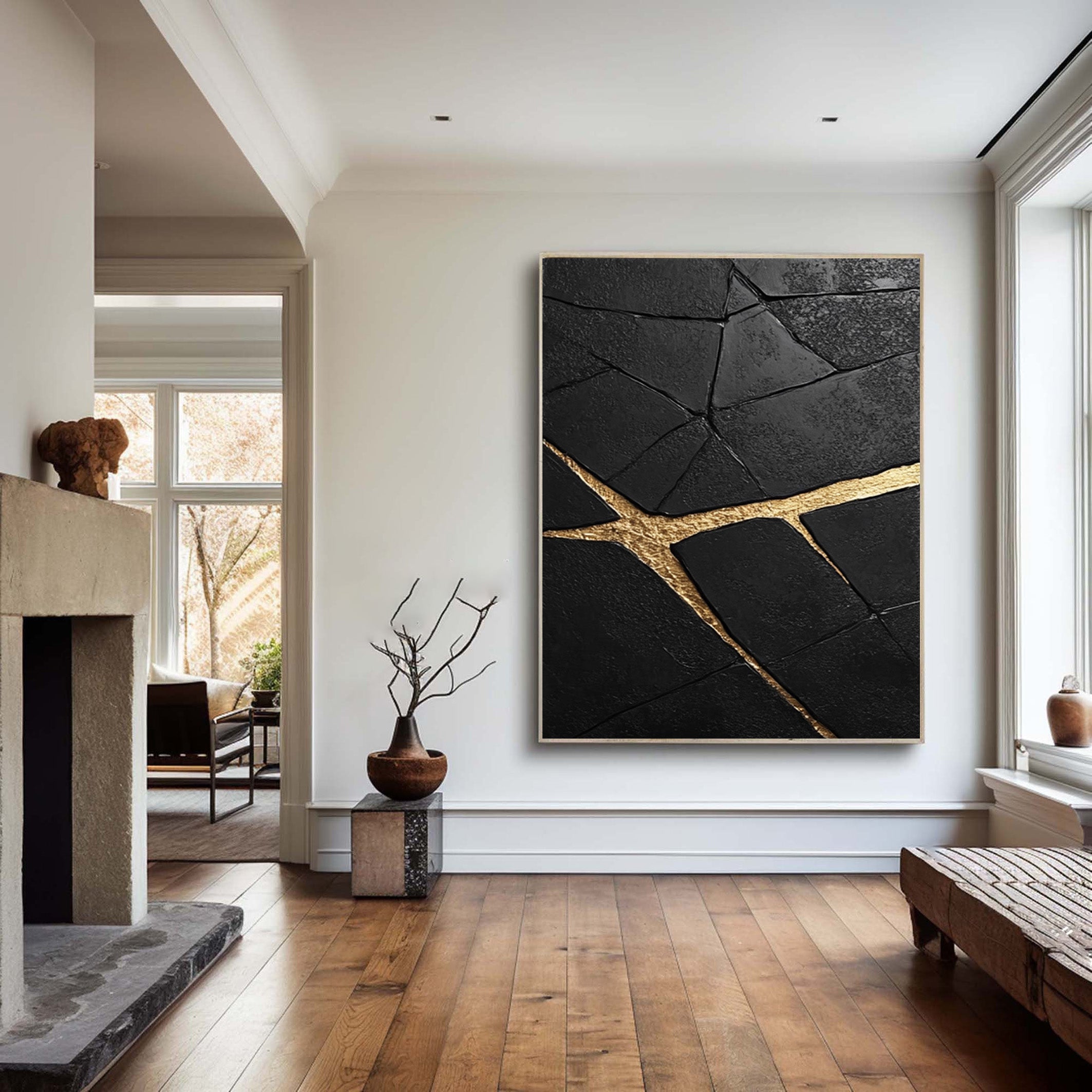 Gilded Cleft: Textured Black Abstract with Bold Gold Fissures #MM545