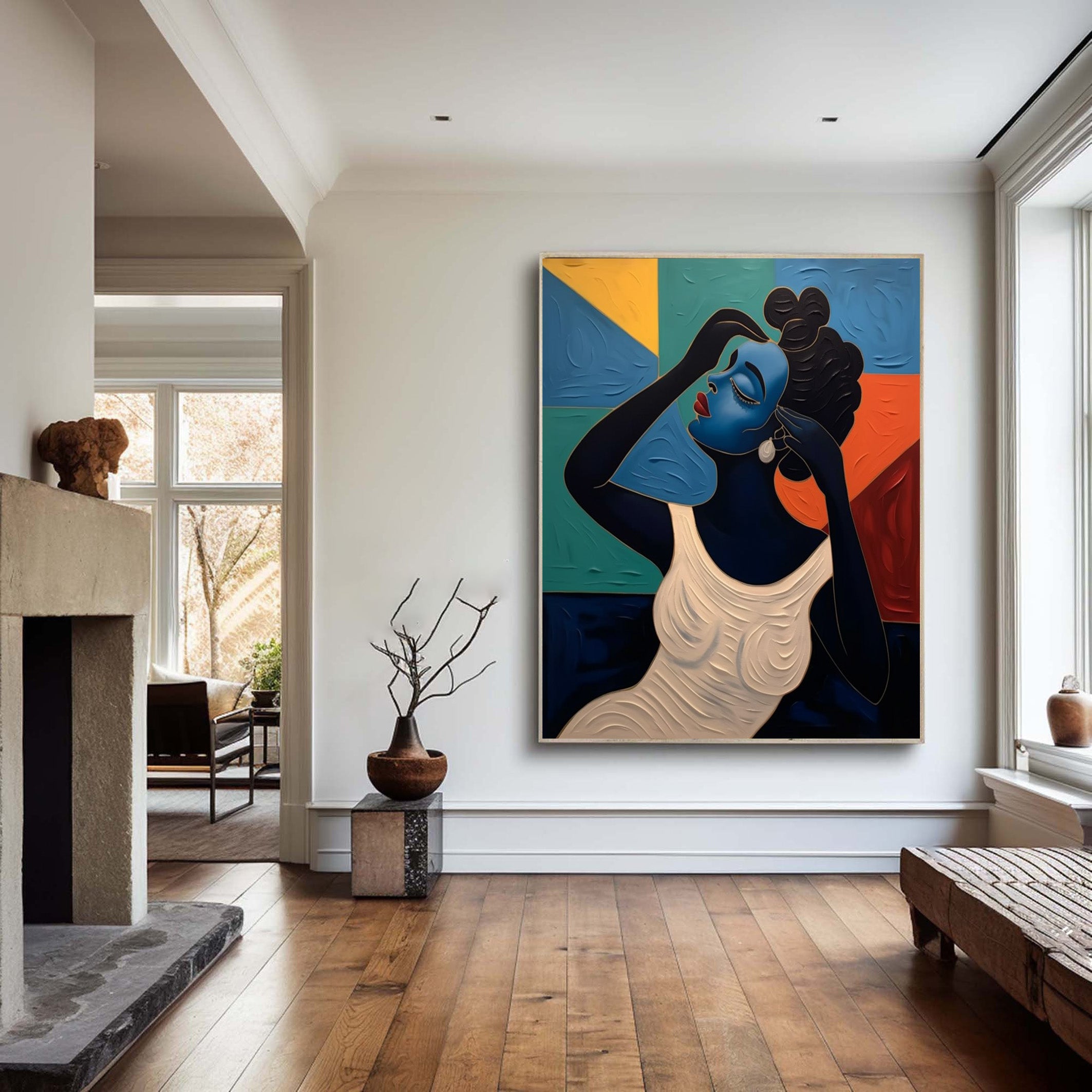 Geometric Grace: Stylized Figure Against Textured Color Shapes #MM534