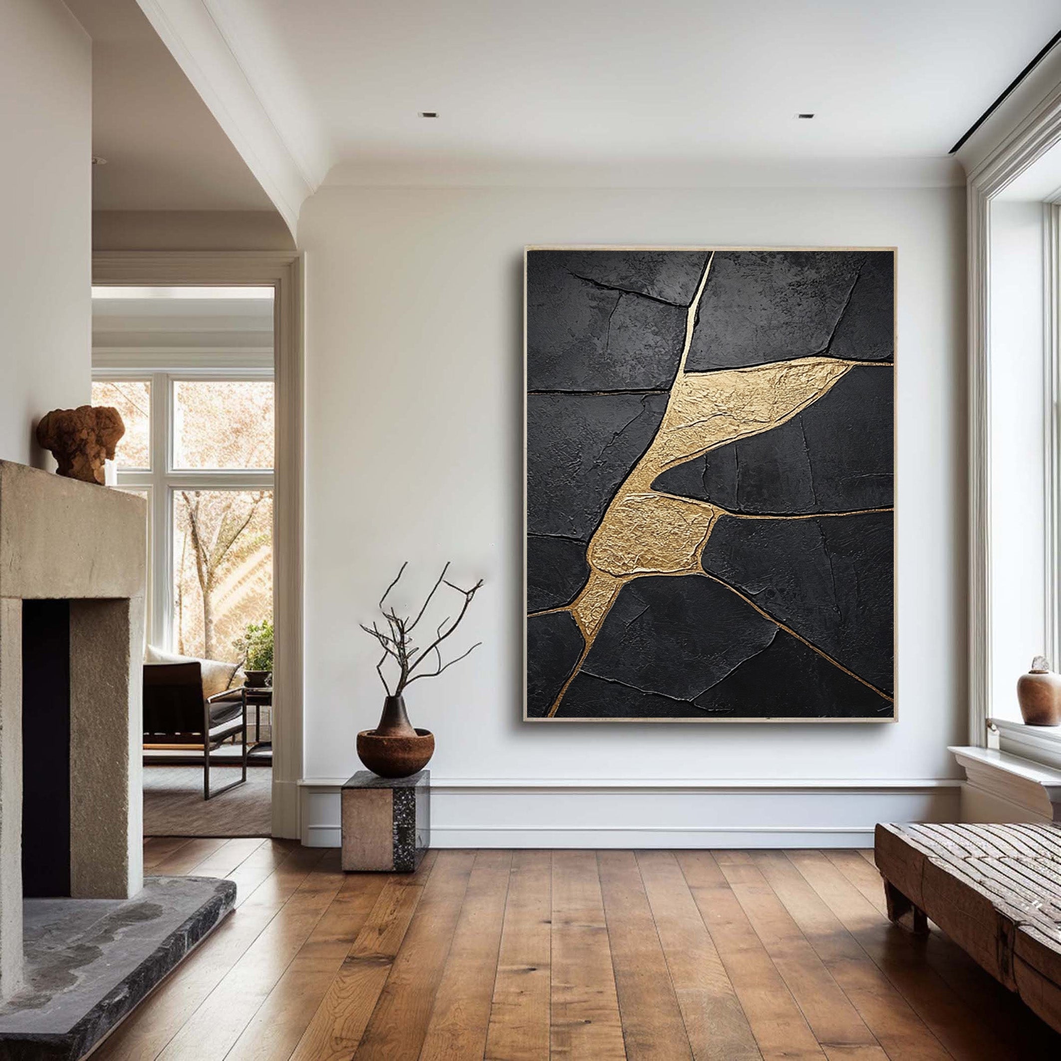 Molten Shadow:Black Impasto with Flowing Organic Gold Veins #MM554