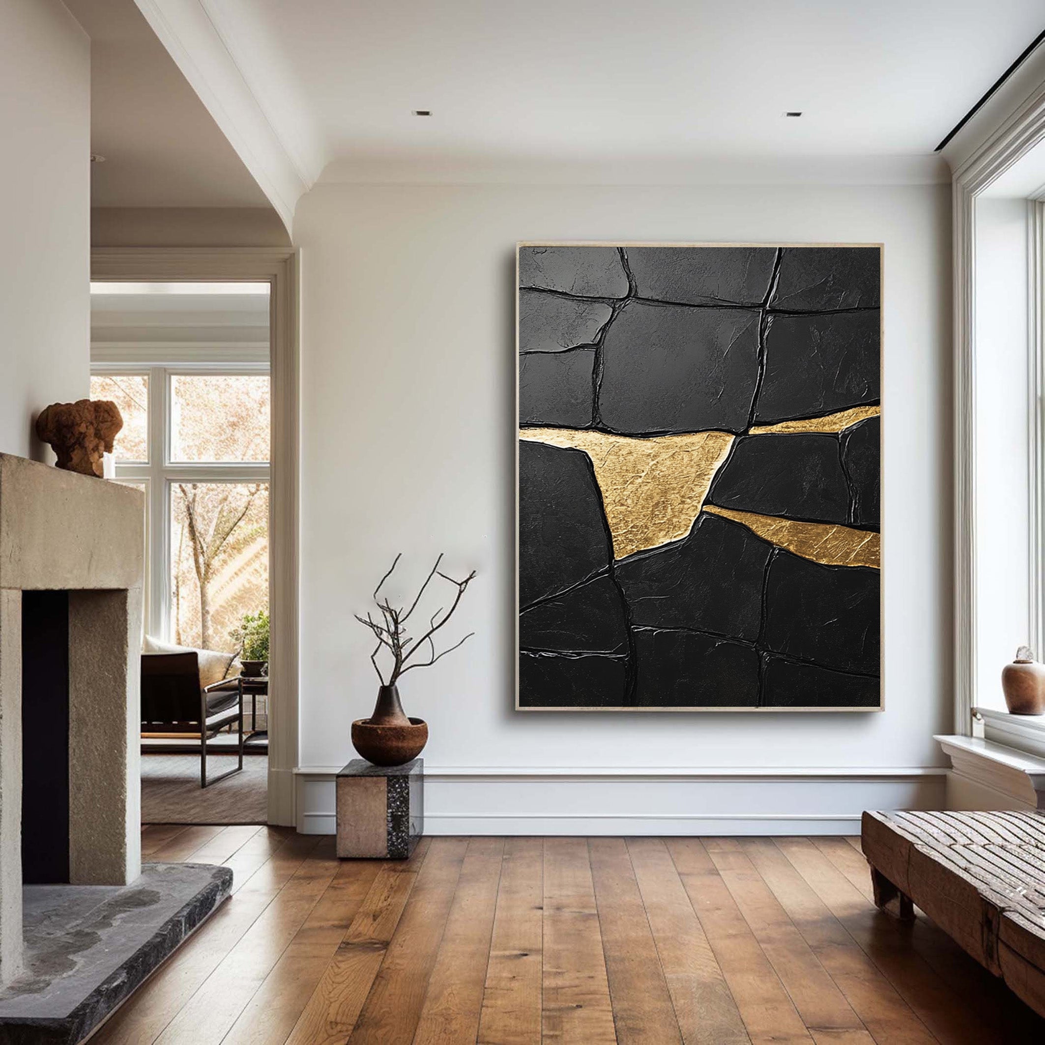 Noir Fragment: Heavily Textured Black Canvas with Gold Accents #MM548