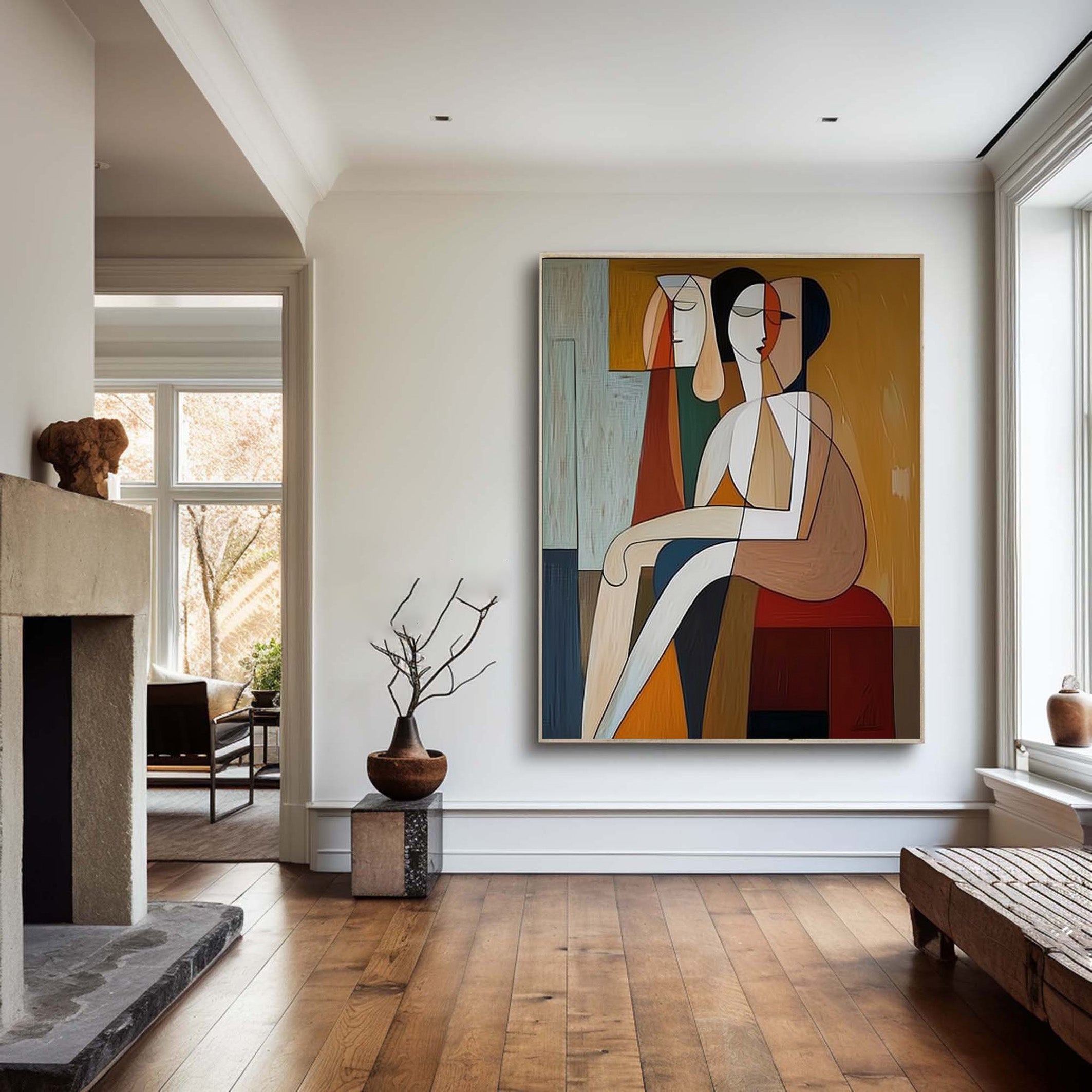 Geometric Encounter: Modern Stylized Figures, Warm Abstract Art #MM540
