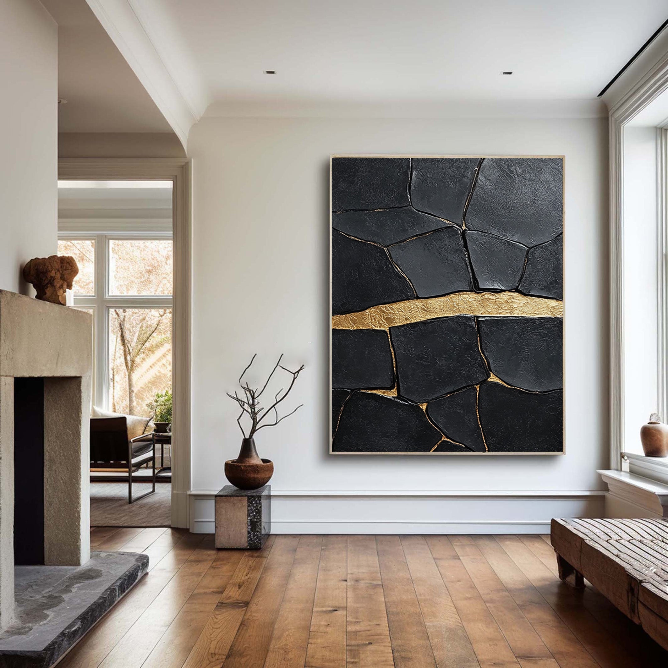 Golden Horizon:Textured Black Abstract with a Bold Gold Band #MM547