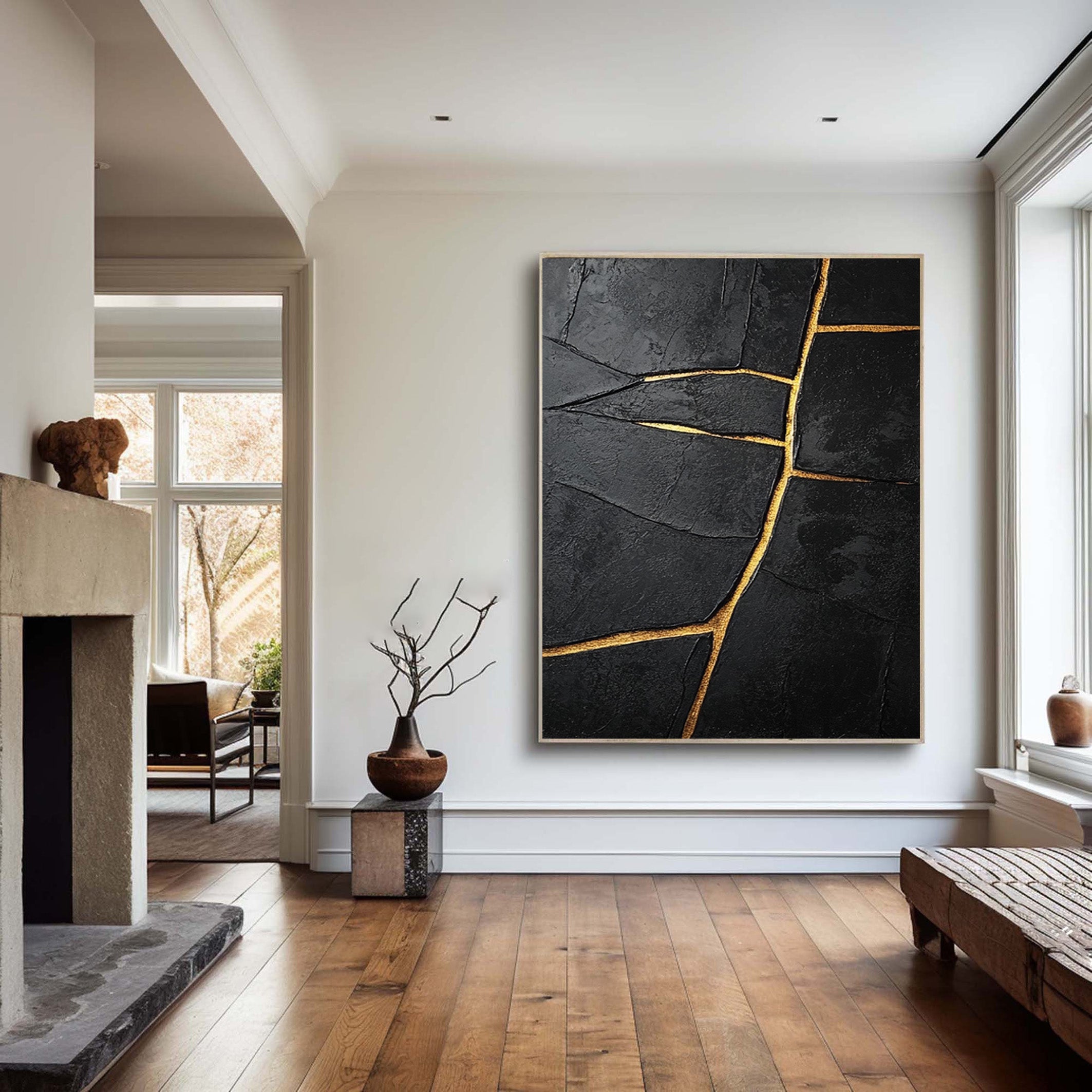 Gilded Divide:Textured Black Abstract with Linear Gold Inlays #MM550