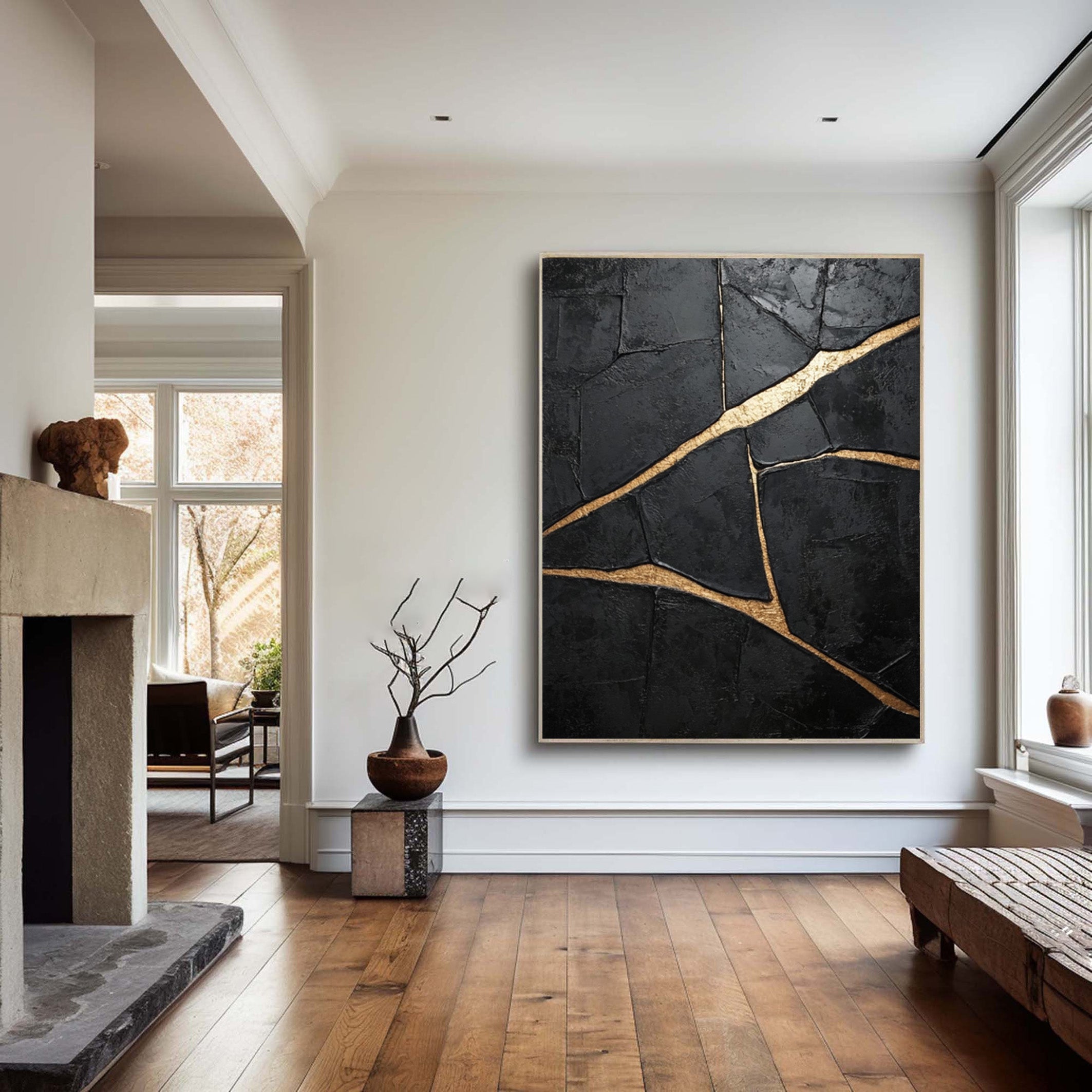 Molten Night: Textured Black Canvas with Flowing Bold Gold #MM546