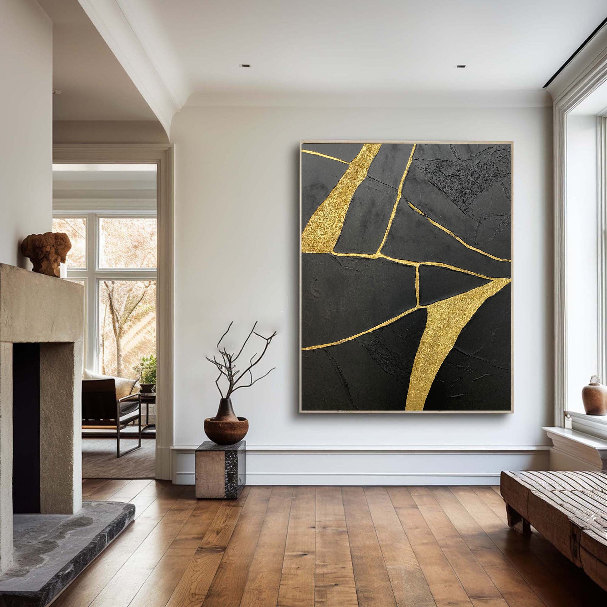 Gilded Fracture:Textured Black Abstract with Flowing Gold Lines #MM544