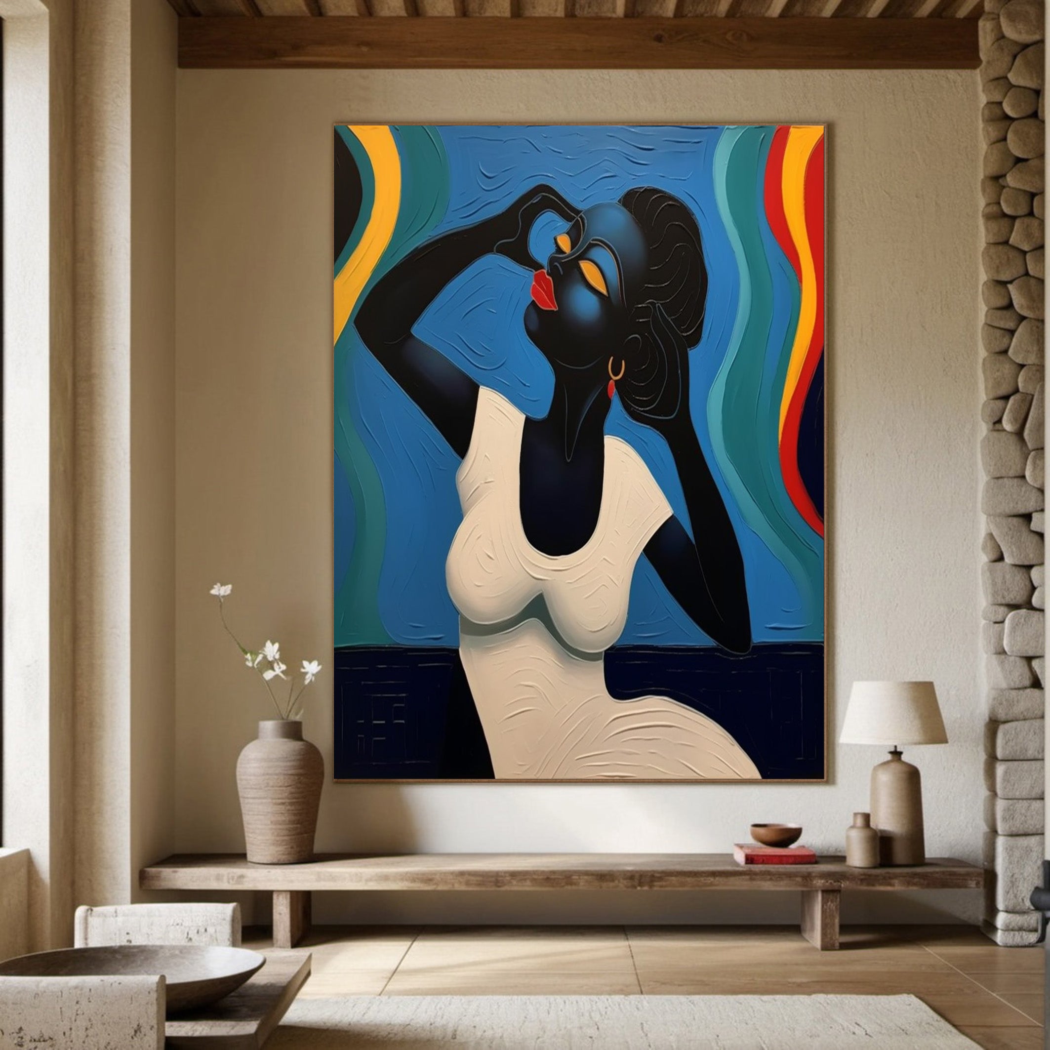 Stylized Figure Against Textured Color Swirls, Elegant Portrait #MM536