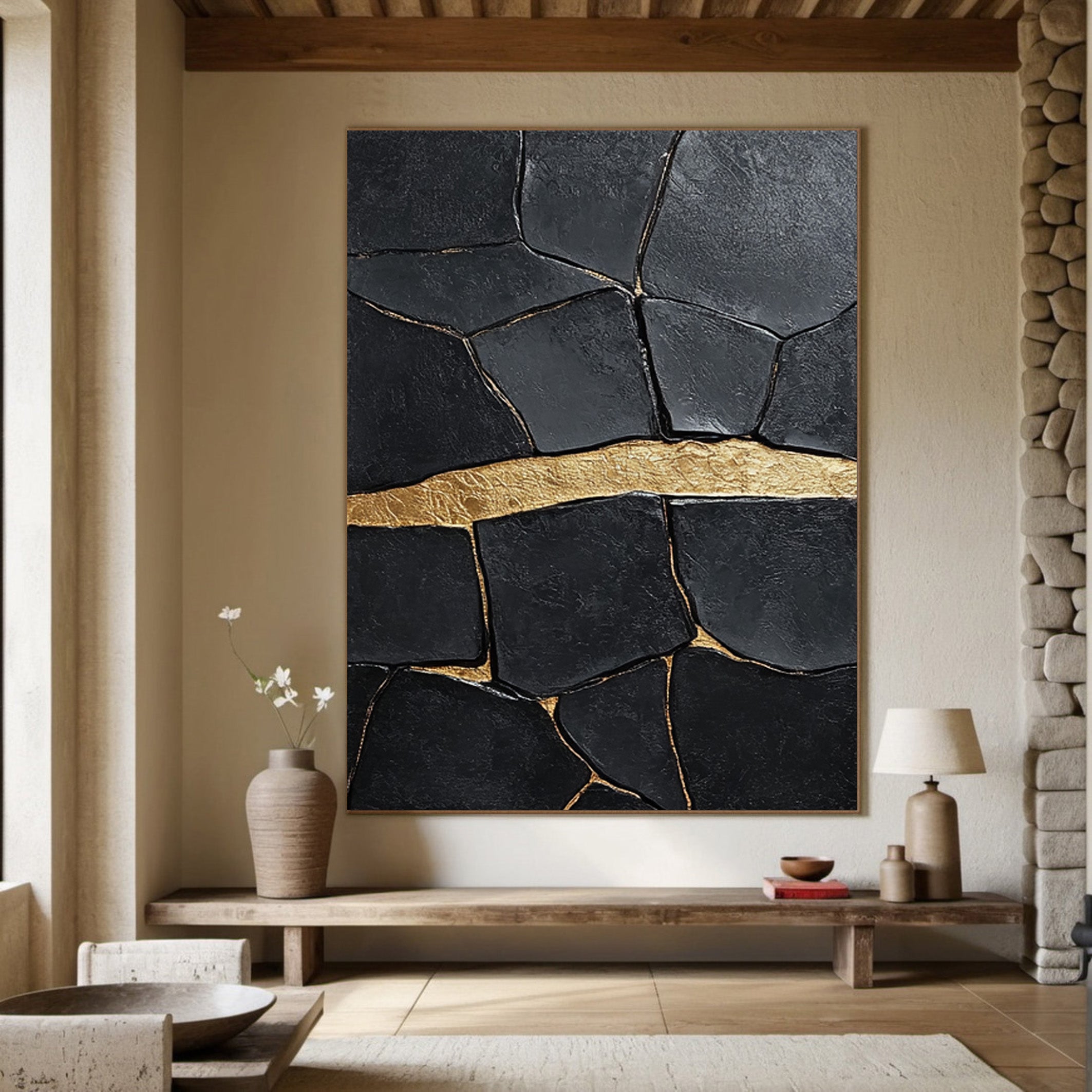 Golden Horizon:Textured Black Abstract with a Bold Gold Band #MM547
