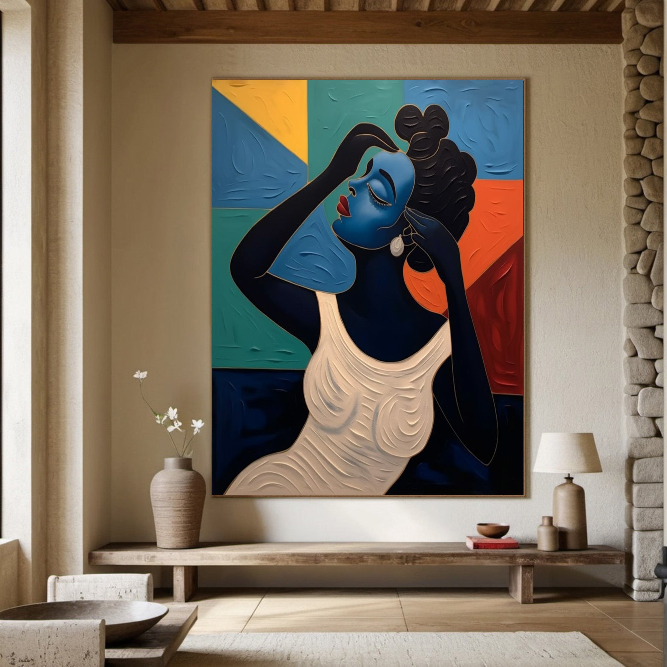 Geometric Grace: Stylized Figure Against Textured Color Shapes #MM534