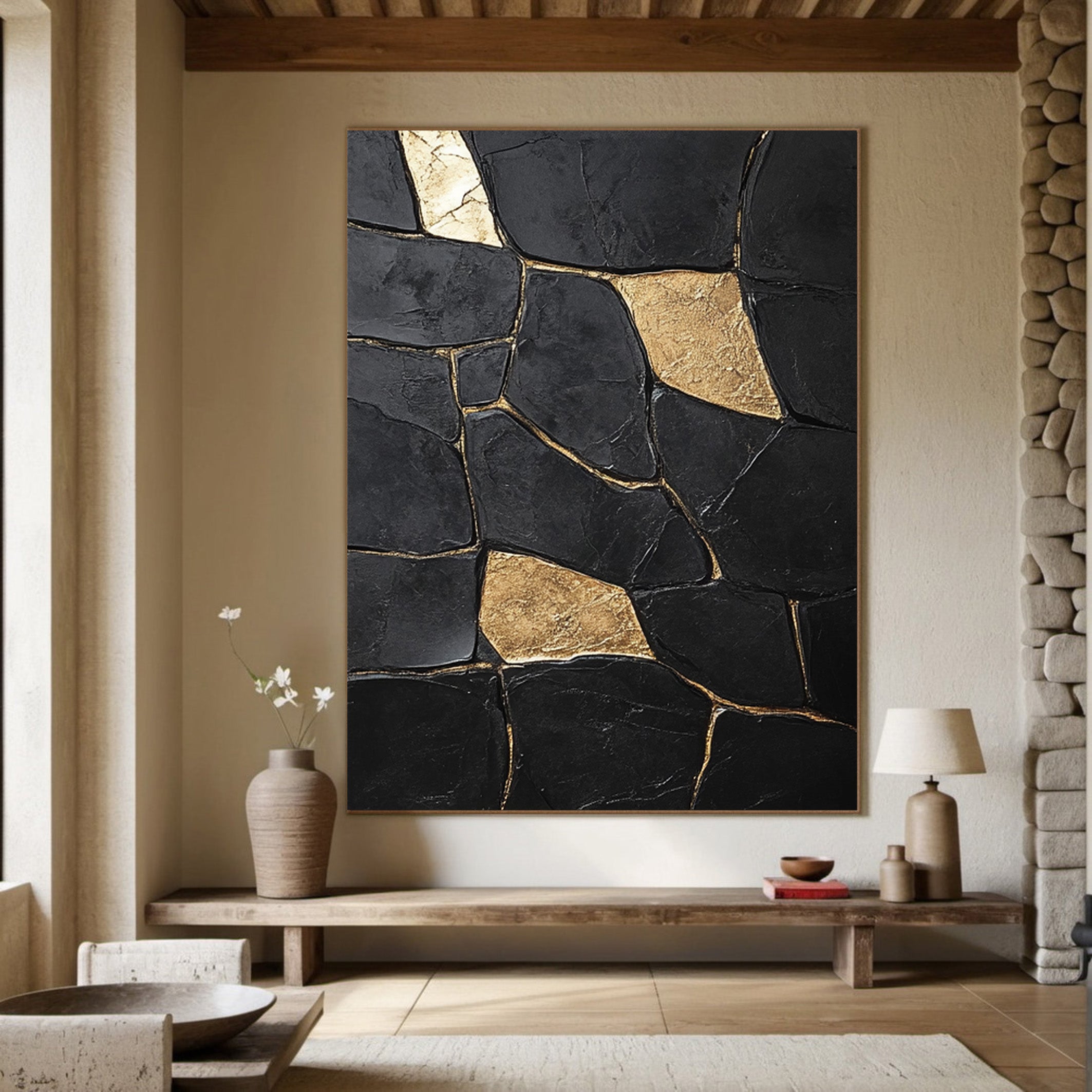 Shadow Mosaic: Large Modern Abstract with Textured Gold Shapes #MM552